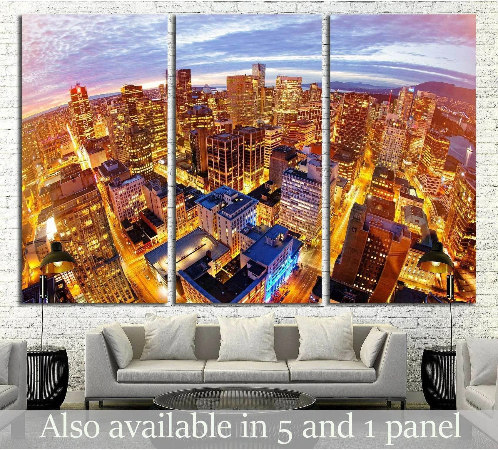 Vancouver skyline triptych canvas print above sofa in a modern living room