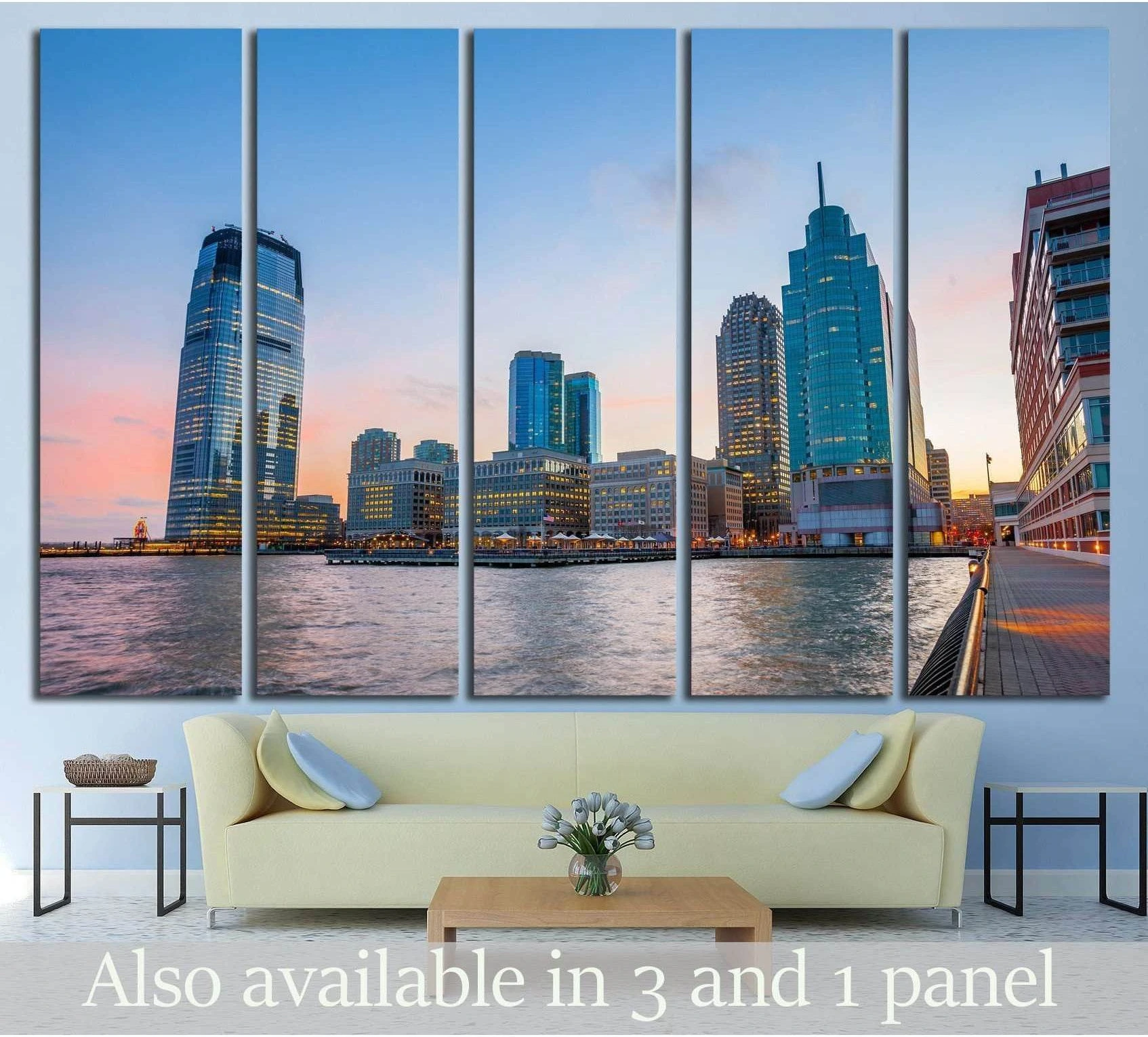 Jersey City skyline canvas print above sofa, viewed from Hudson River Waterfront Walkway at dusk