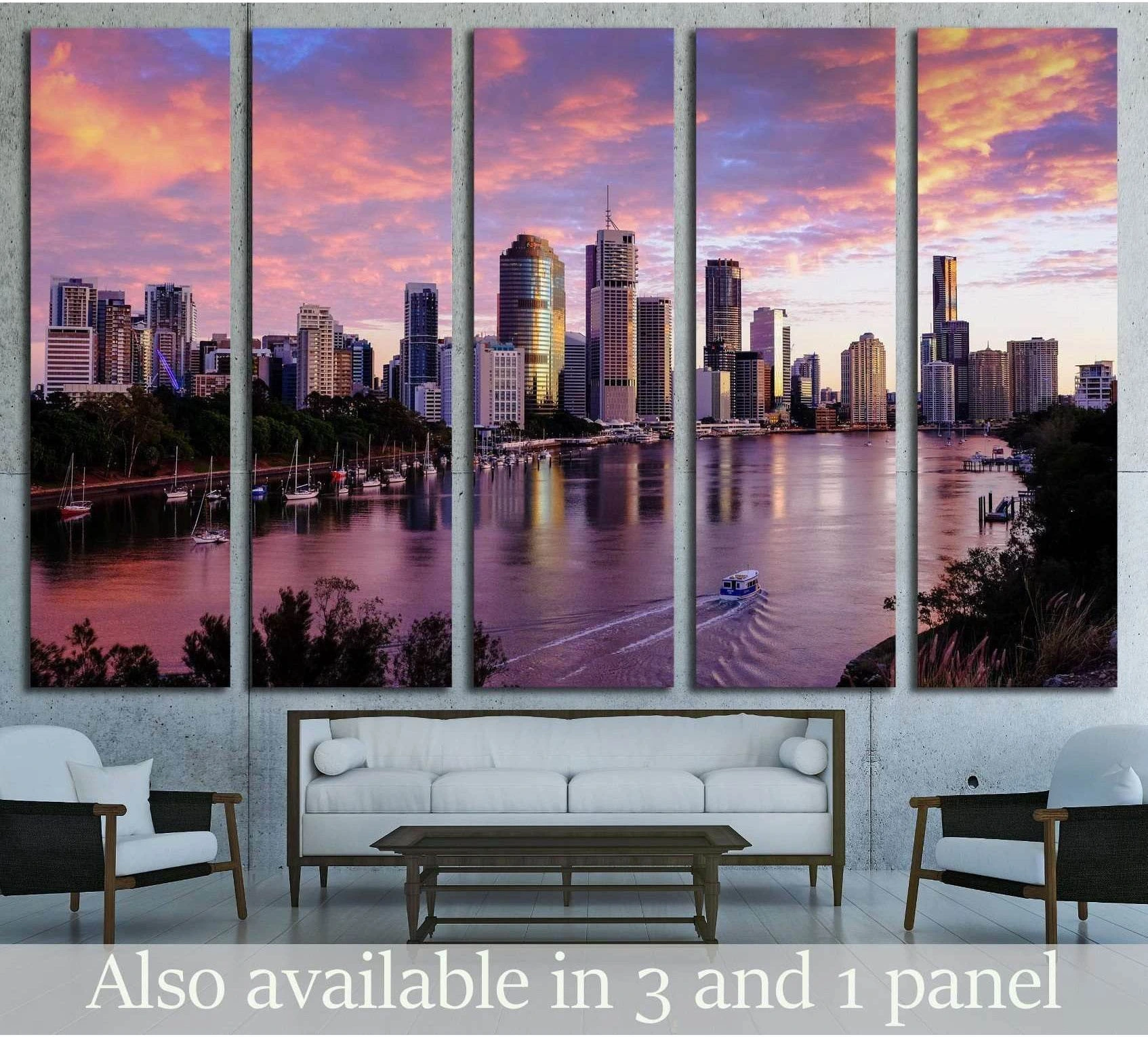 Brisbane skyline canvas print from Kangaroo Point with pink sunset sky over the river above a sofa