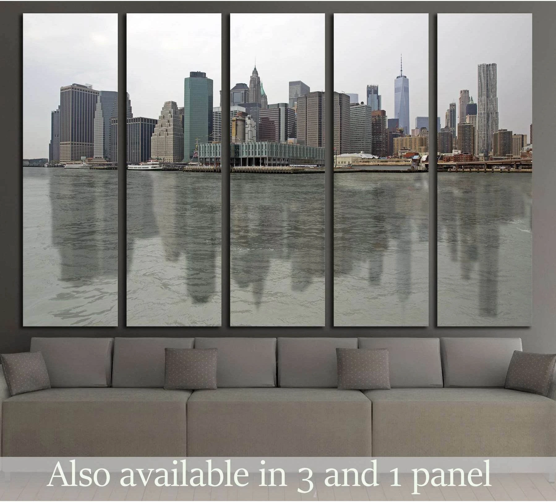 Lower Manhattan financial district canvas print above sofa with skyline and river reflections