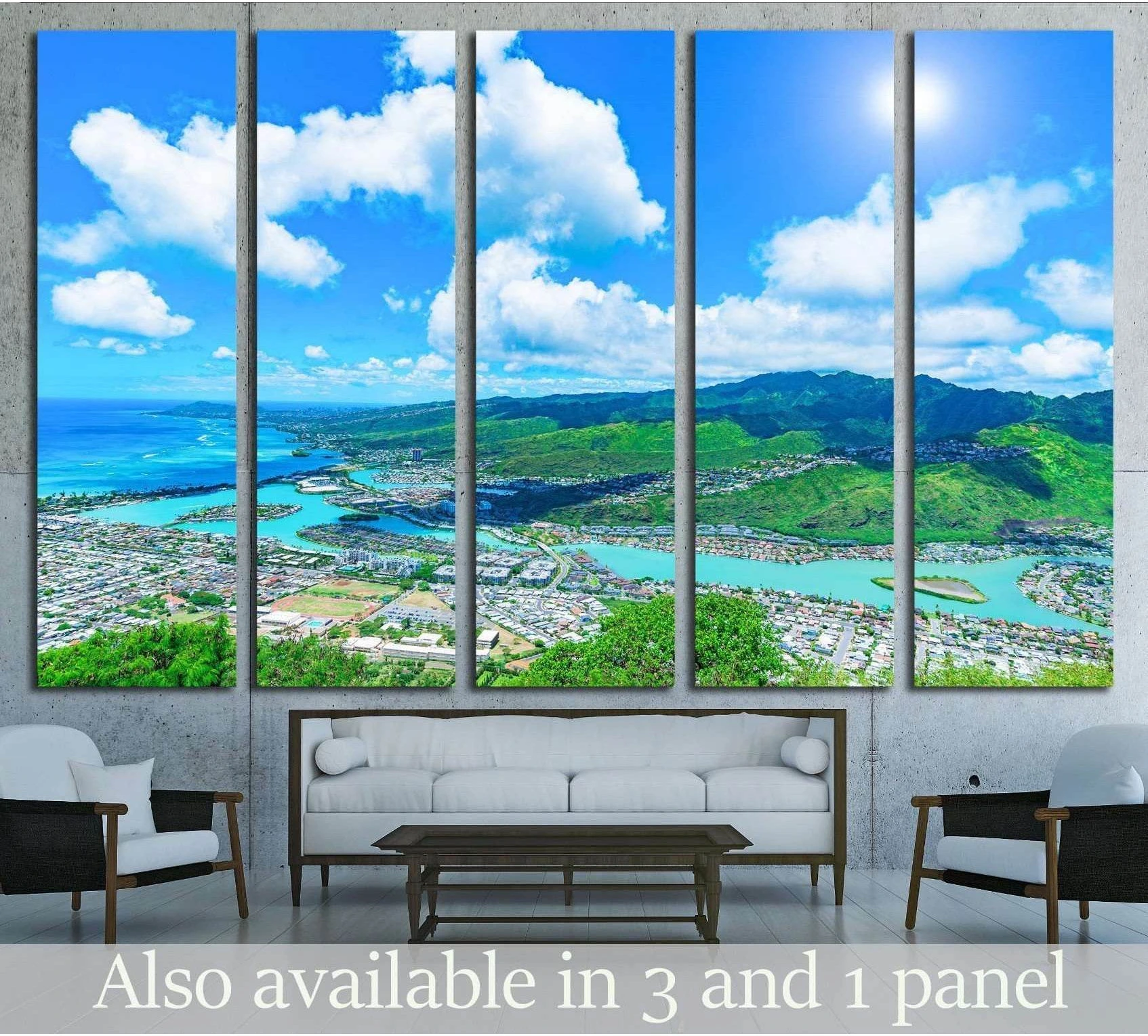 Hawaii Kai aerial canvas print with Koko Head, turquoise bays, and green ridges above a sofa
