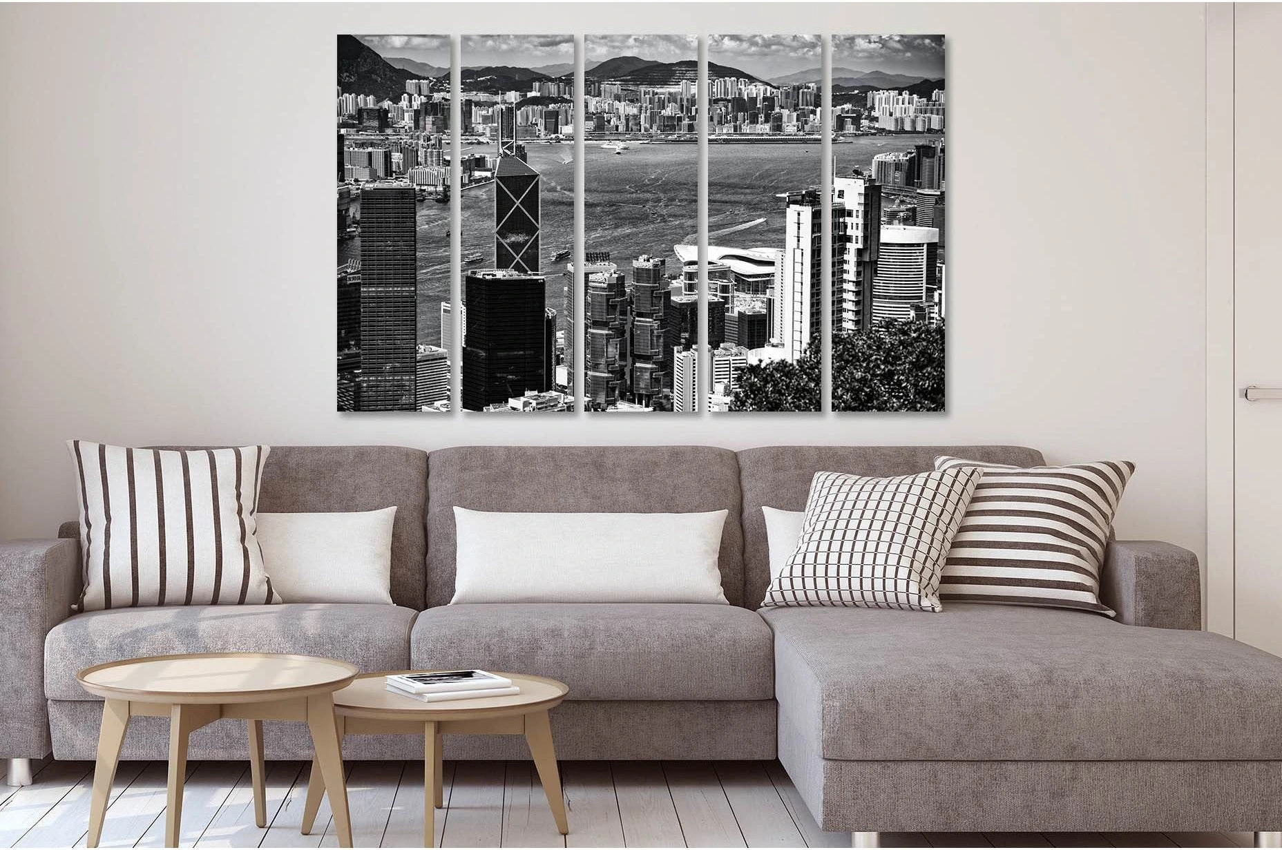Hong Kong Black-and-White Skyline Canvas Print with Harbour Water selected as graphic and monochrome coastal prints with graphic coastal contrast.