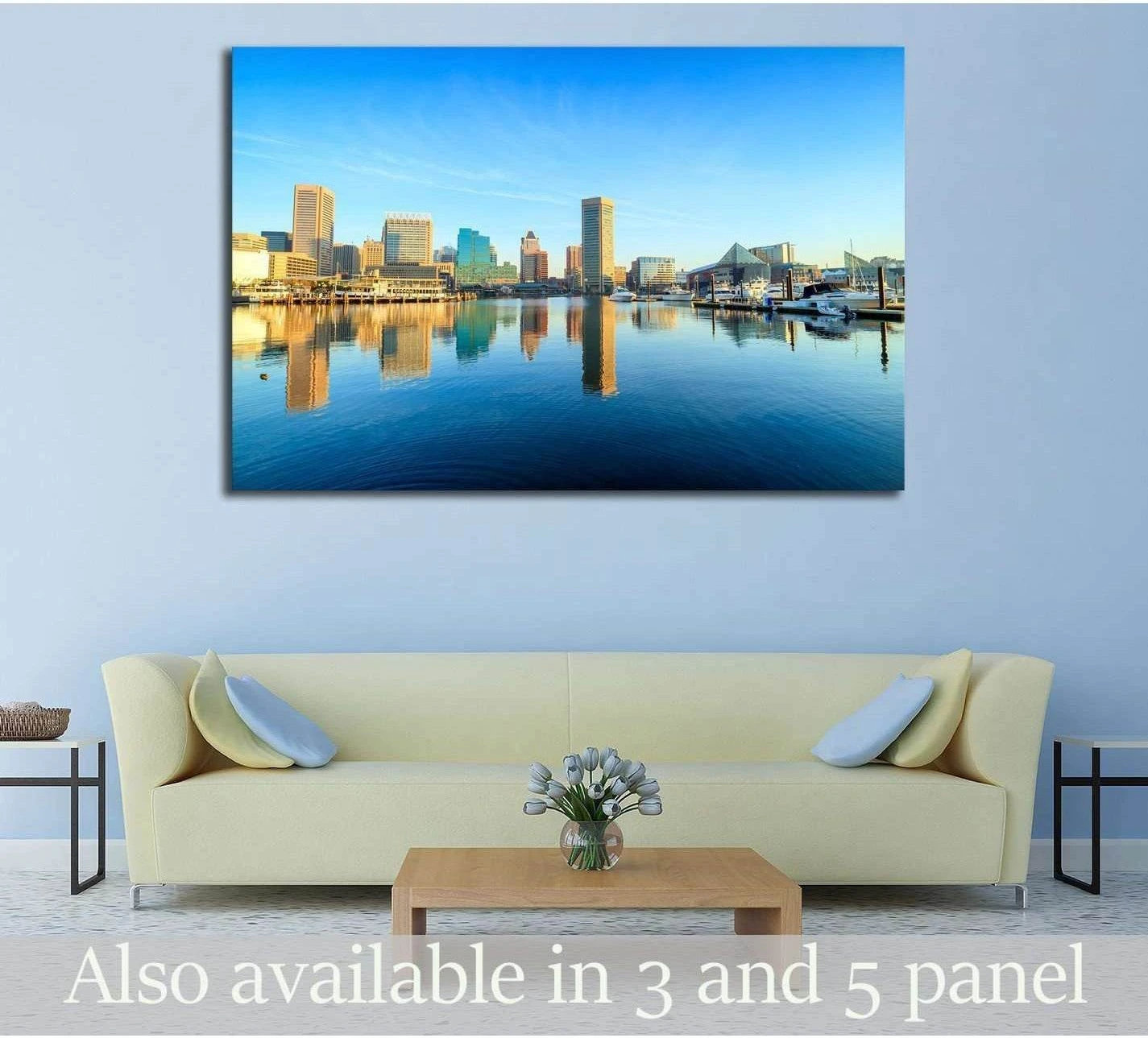 Baltimore Inner Harbor skyline canvas print above sofa with blue waterfront reflections