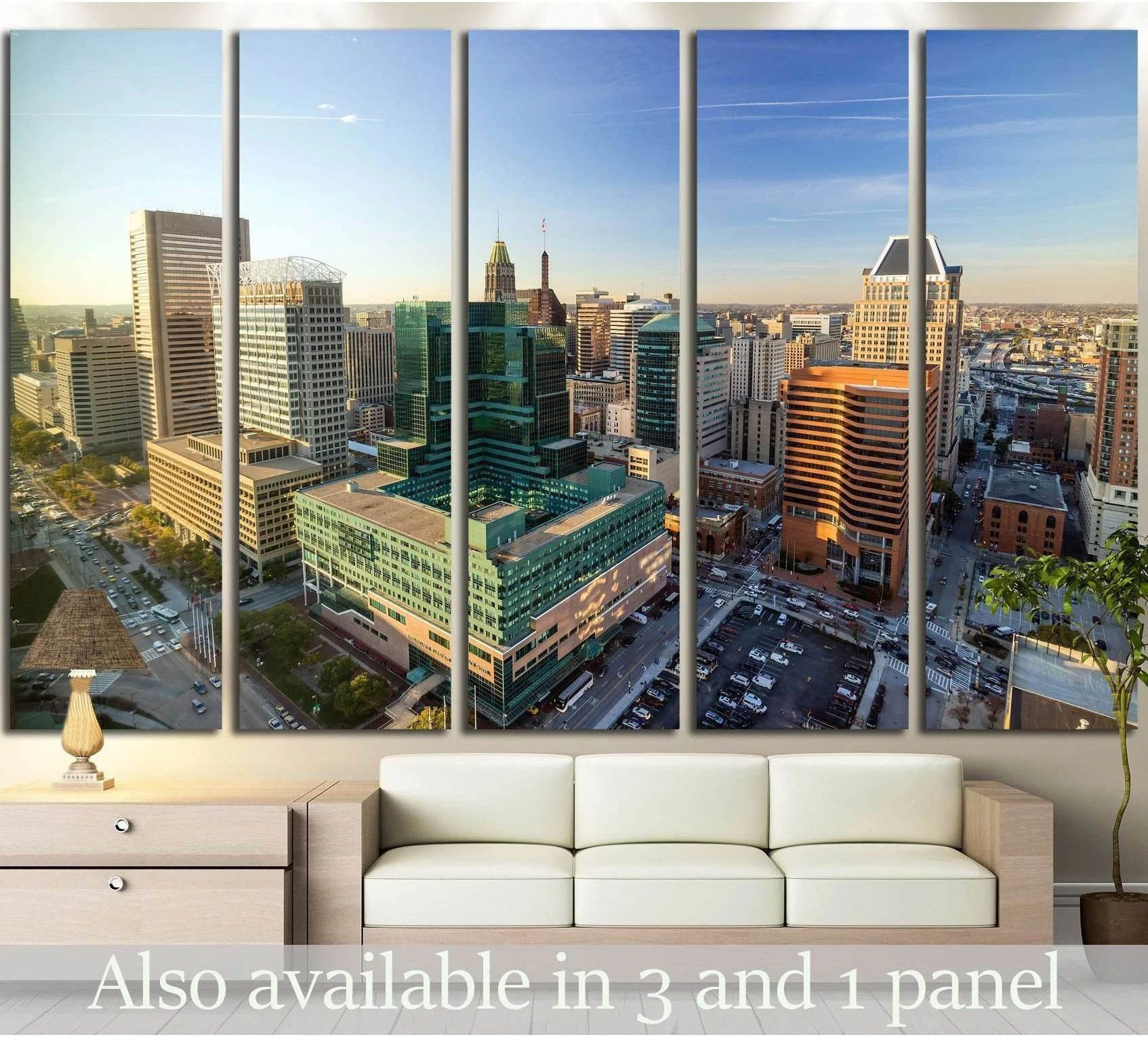 Baltimore Inner Harbor skyline canvas print displayed above sofa in a modern living room