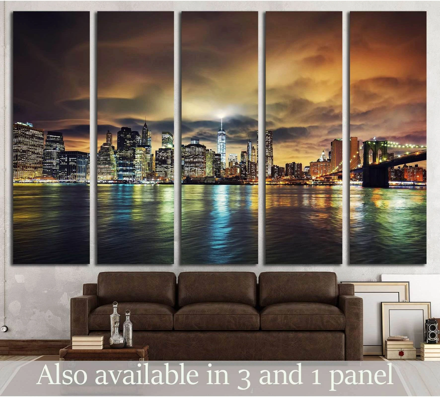 Manhattan sunset skyline canvas print above sofa with Brooklyn Bridge and river reflections
