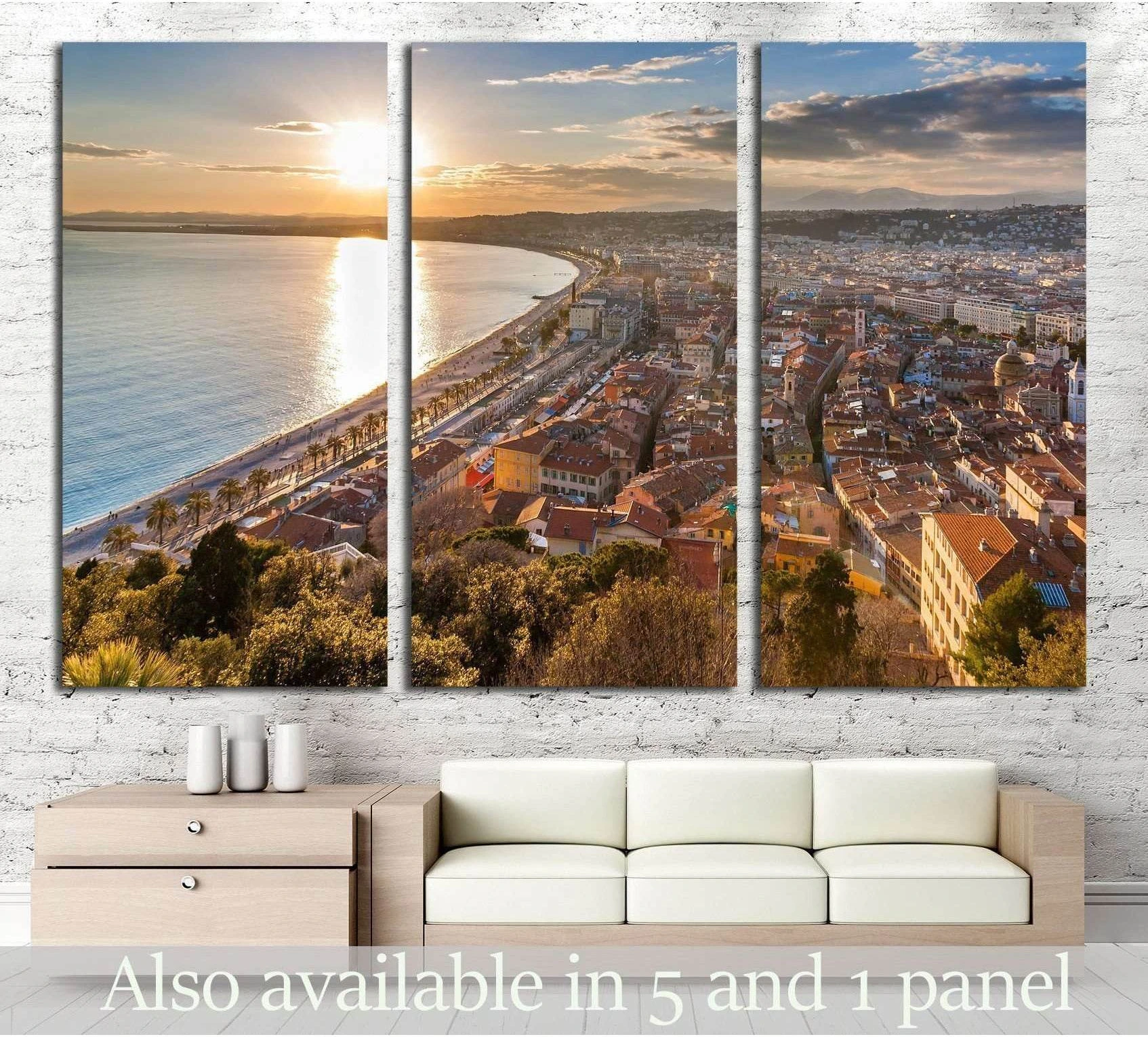 View of Nice city - Cote d'Azur - France showing blue ocean wall art with water and coastal depth.
