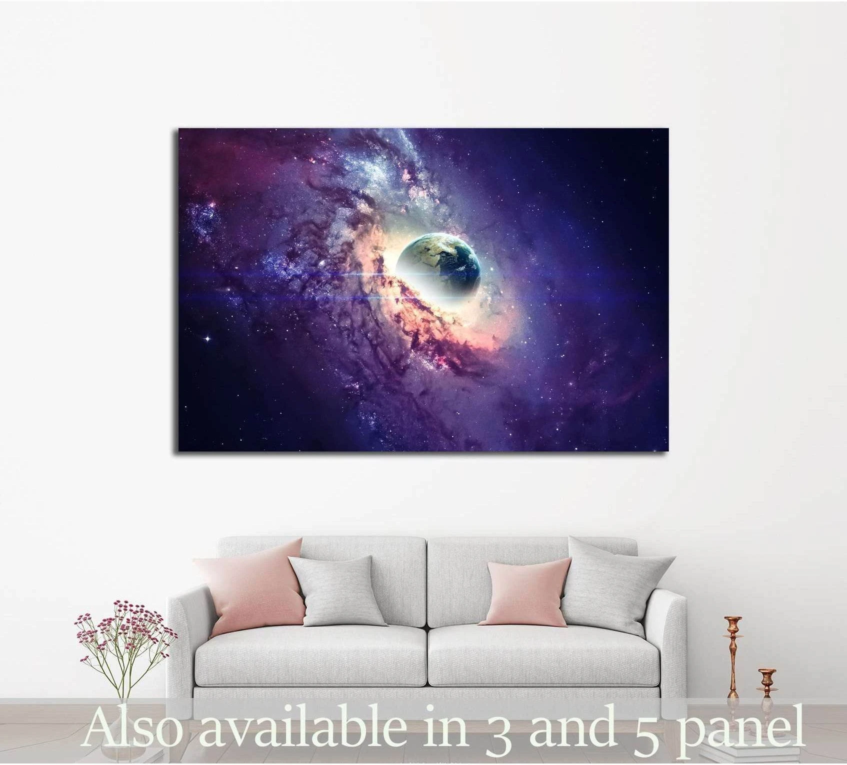 Pluto from Charon canvas print with purple nebula hung above sofa in a modern living room