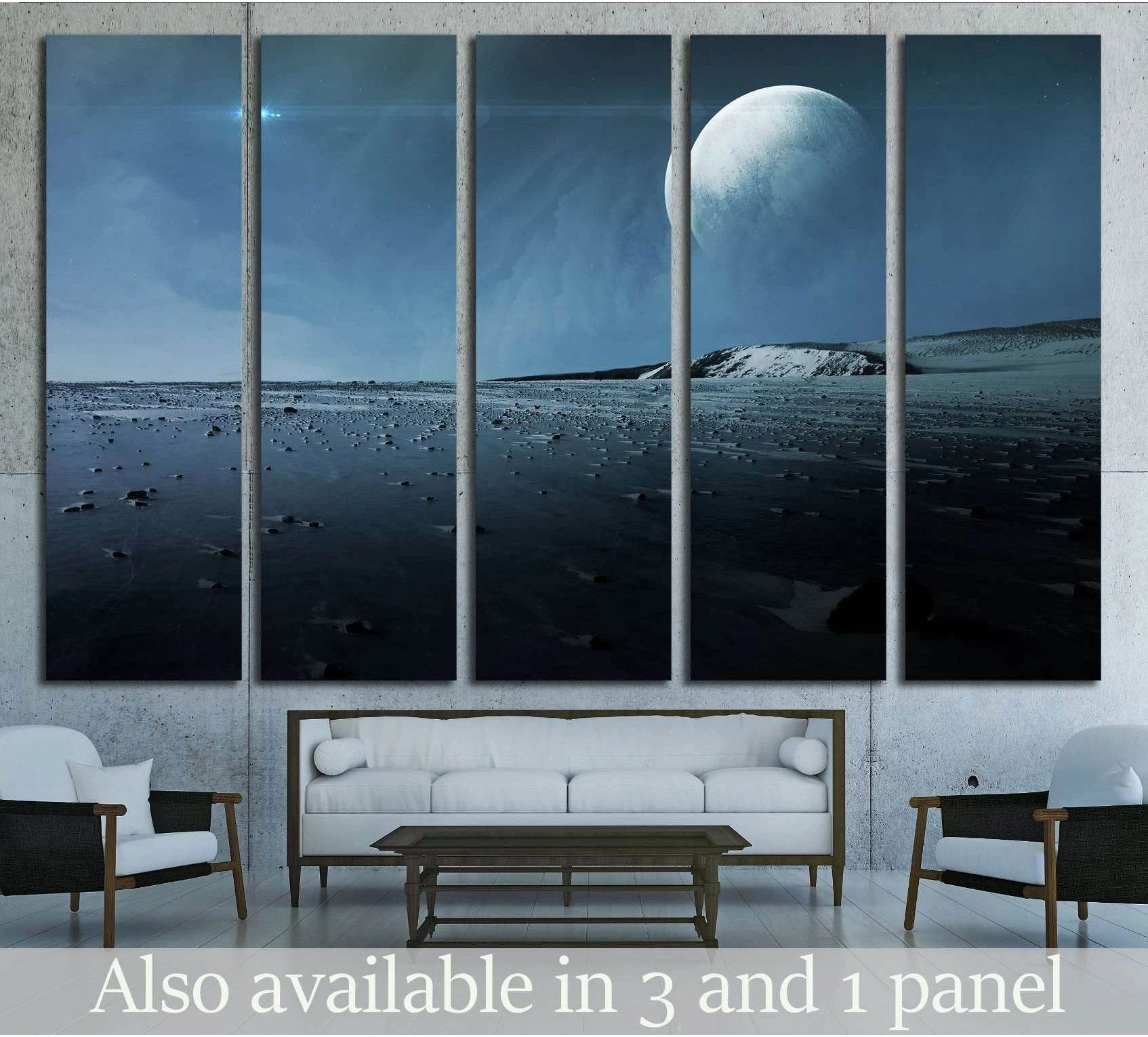 Pluto from Charon multi-panel canvas print above a sofa in a modern living room