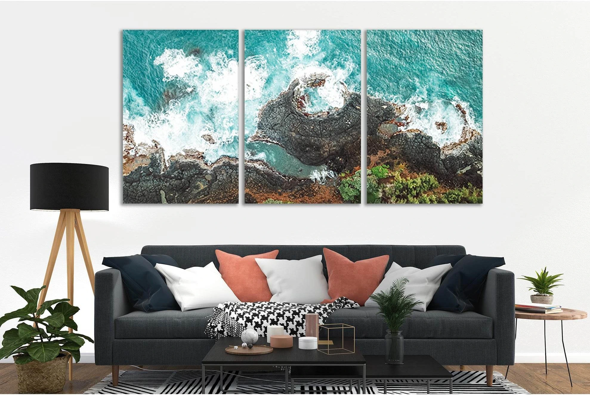 Teal Rocky Seashore Seascape Wall Art | Canvas Print showing sea water, shoreline and horizon depth.