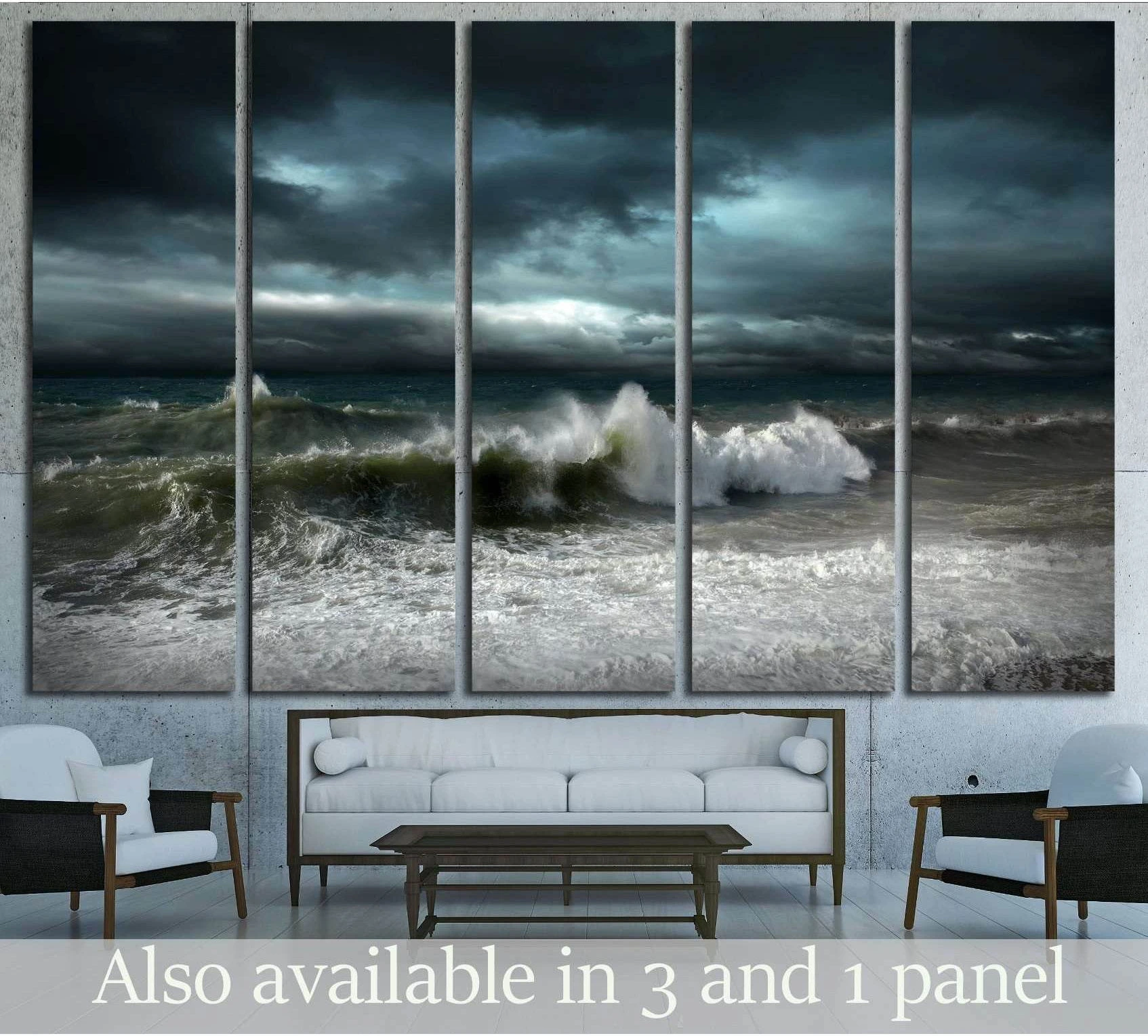 View of storm seascape showing ocean water, wave movement and surf.
