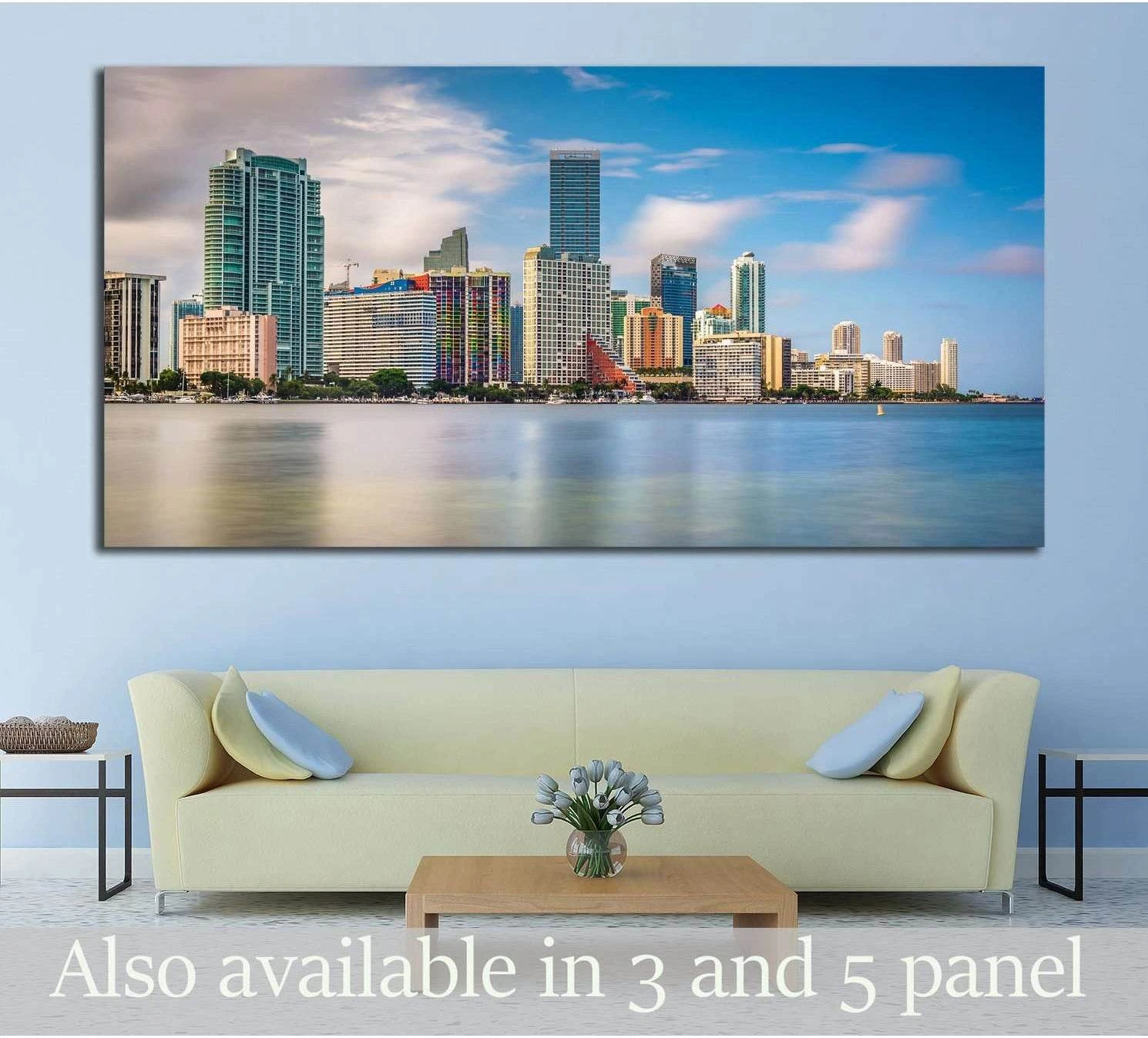 Panoramic Miami skyline canvas print above sofa with blue harbor view from Virginia Key