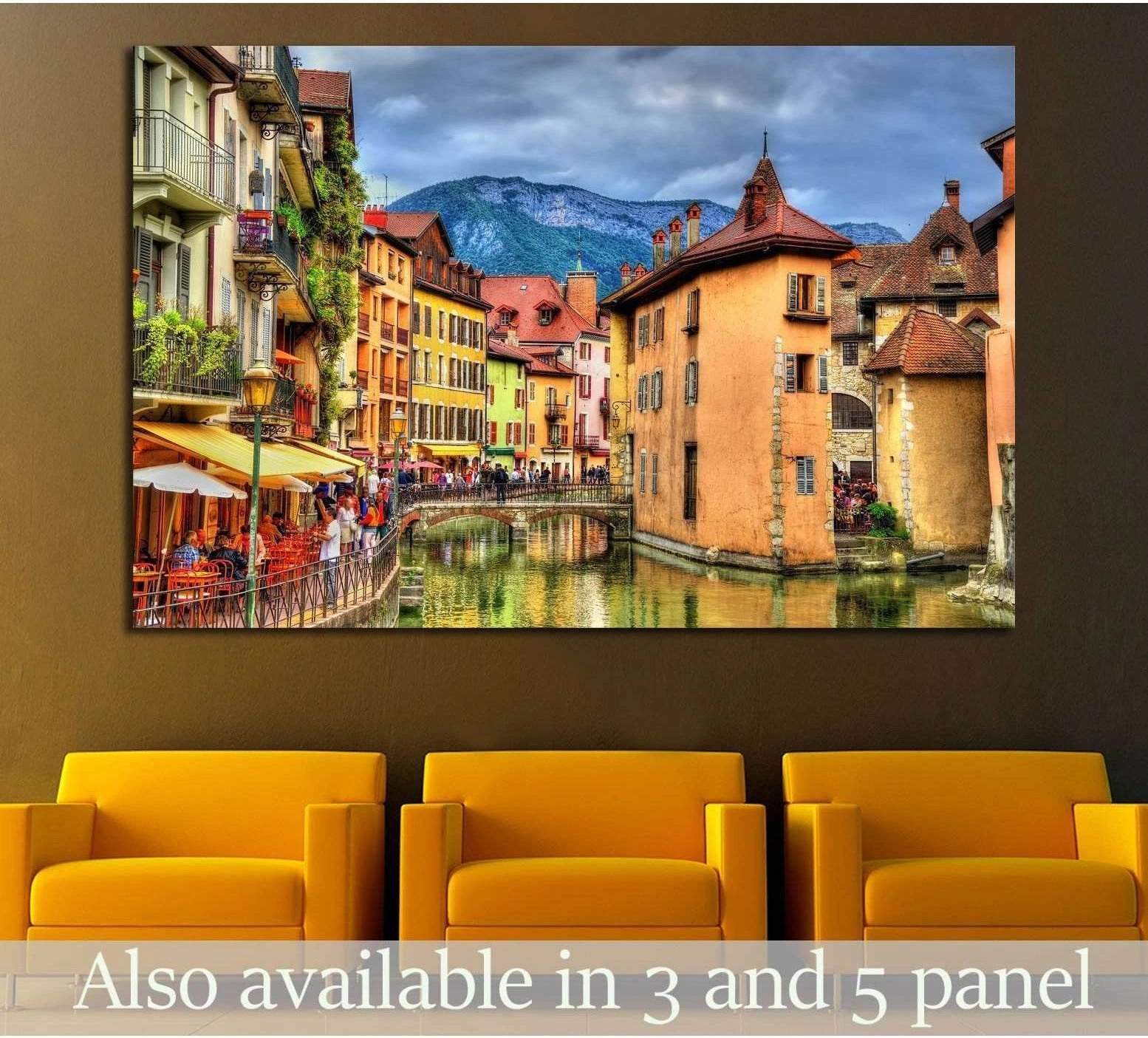 Annecy old town canal canvas print with pastel French buildings and mountain backdrop