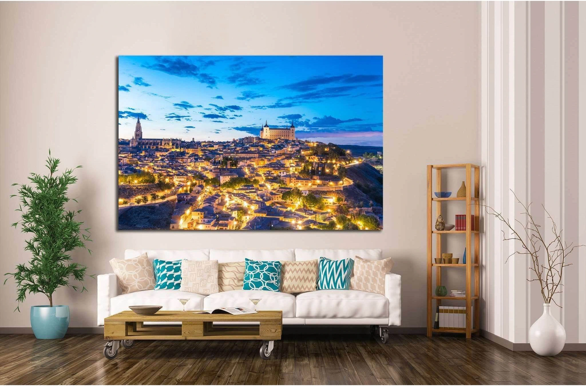 View of Toledo, Spain including Alcazar and the cathedral at dusk №1707 Ready to Hang Canvas Print - Zellart Canvas Prints ALL_Products, s-1707