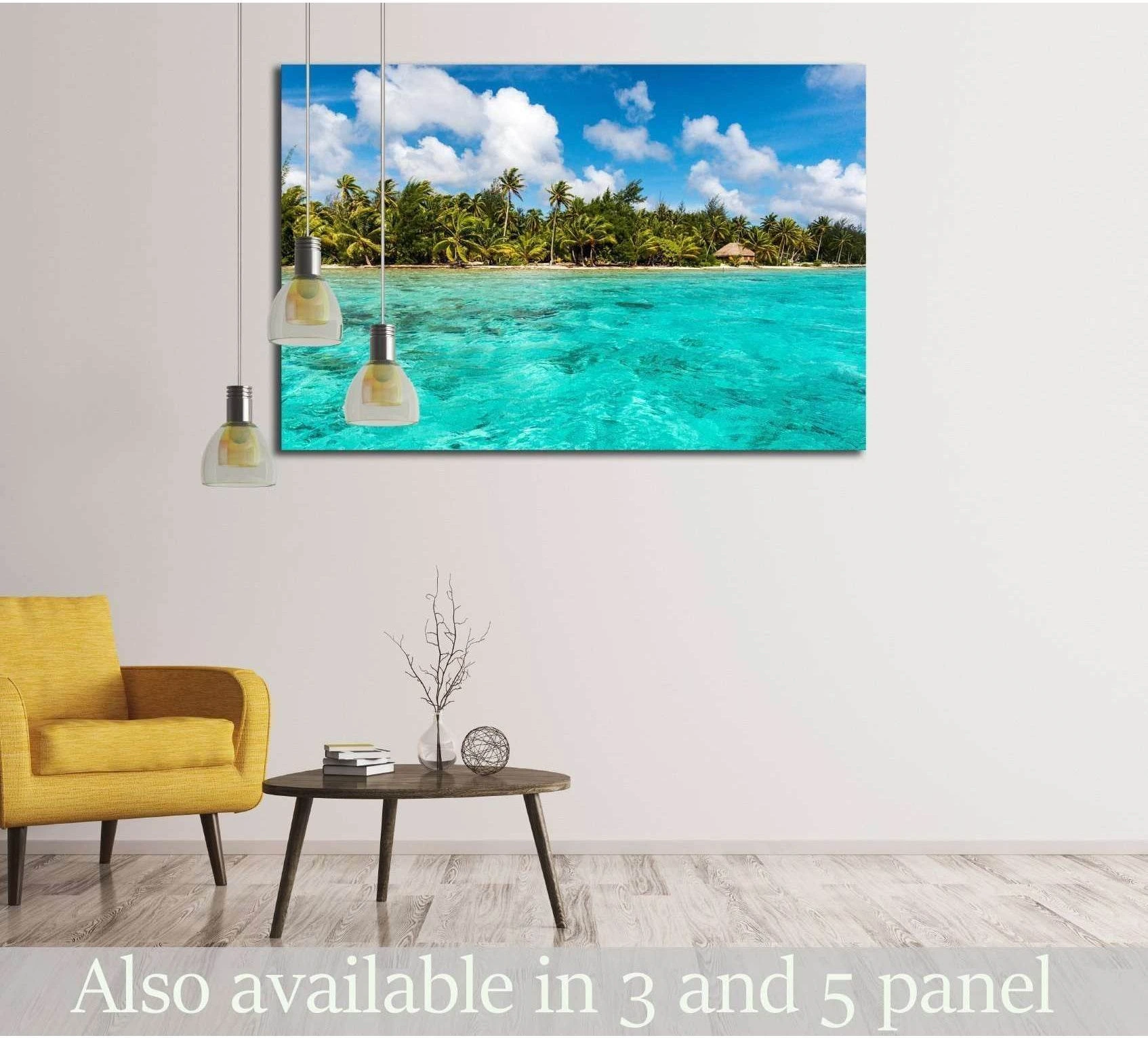 Bora Bora lagoon canvas print with turquoise water, palm-lined shore, and blue sky in a modern living room
