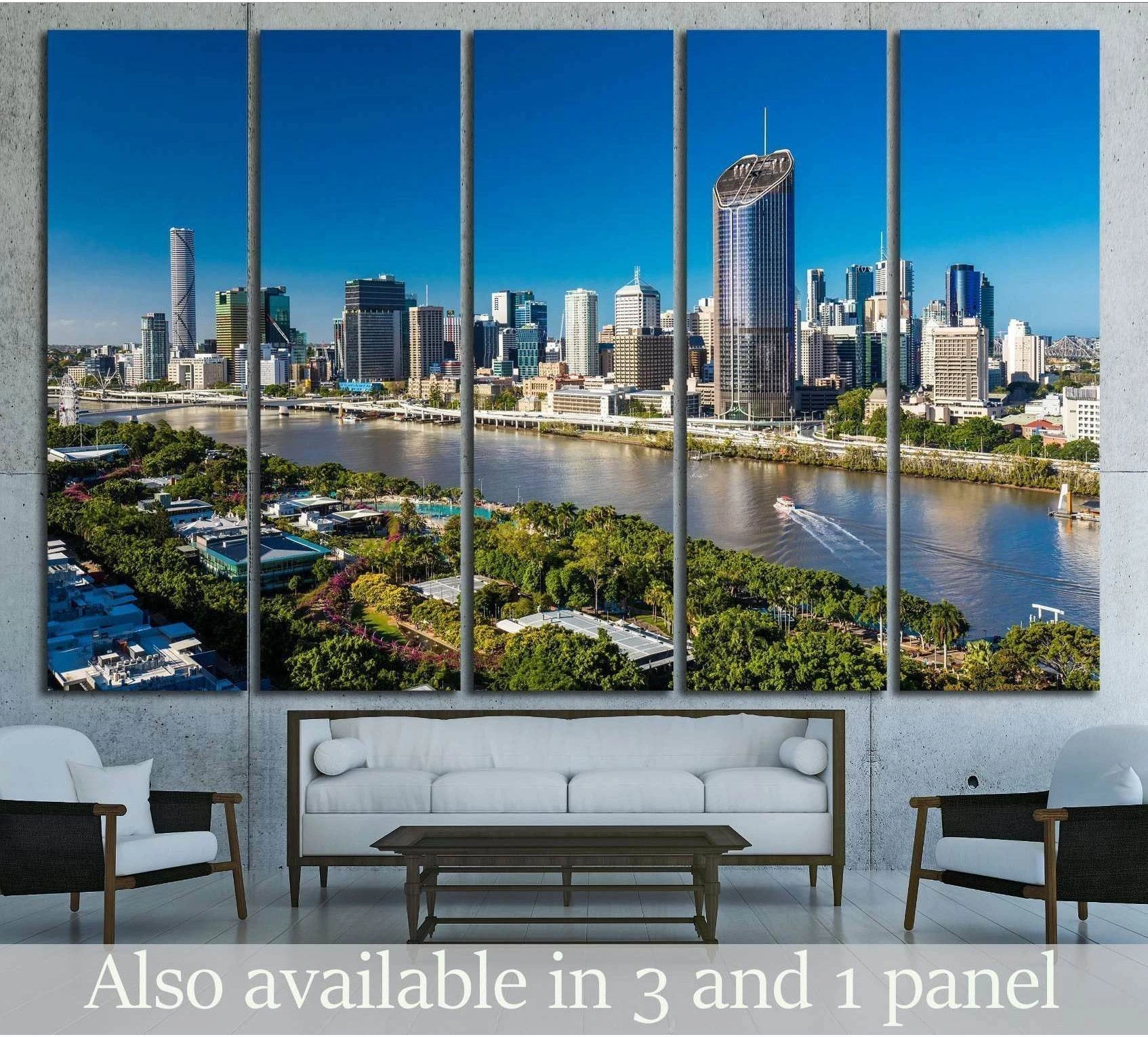 Brisbane skyline canvas print above sofa in modern living room with riverfront city view