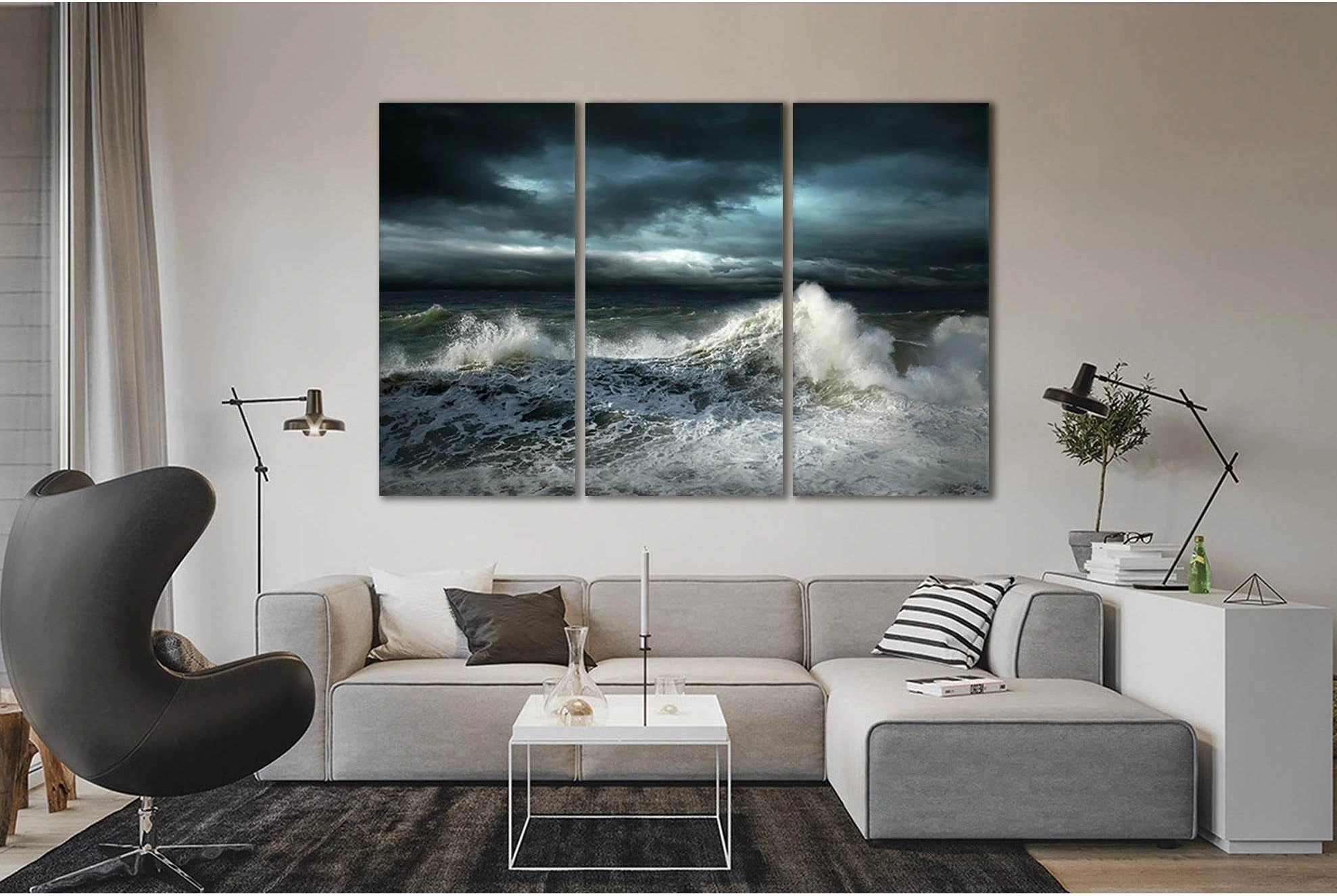 Stormy Seascape Triptych Canvas Print in Navy & Charcoal shown as slate blue ocean canvas wall art with visible sea, horizon or wave colour.