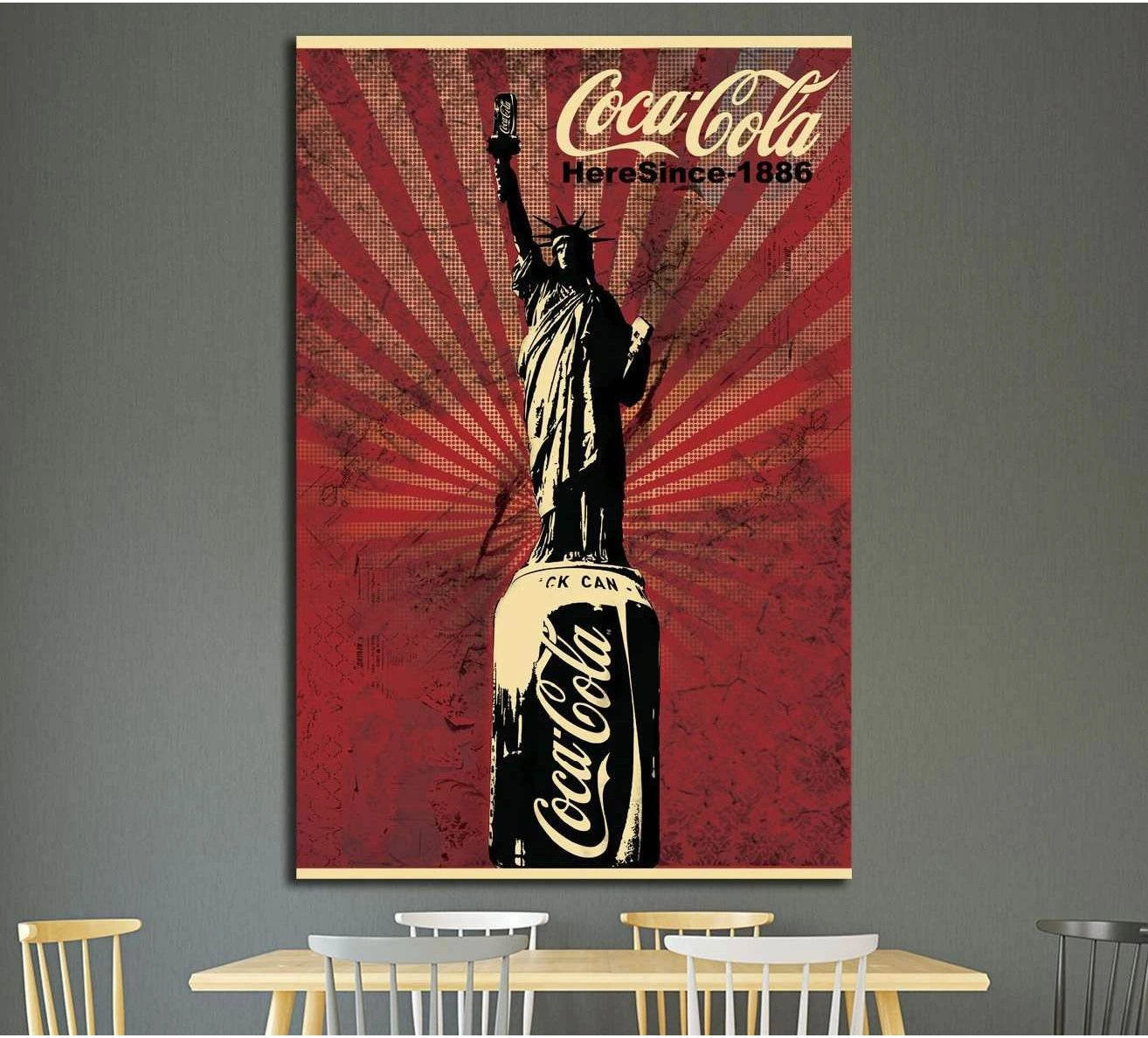 Vintage Coca Cola canvas print with Statue of Liberty on cola can against distressed red sunburst