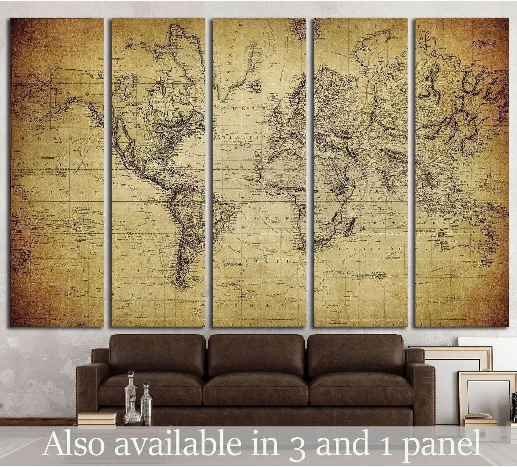 Vintage world map multi-panel canvas print in warm sepia tones displayed above a brown sofa