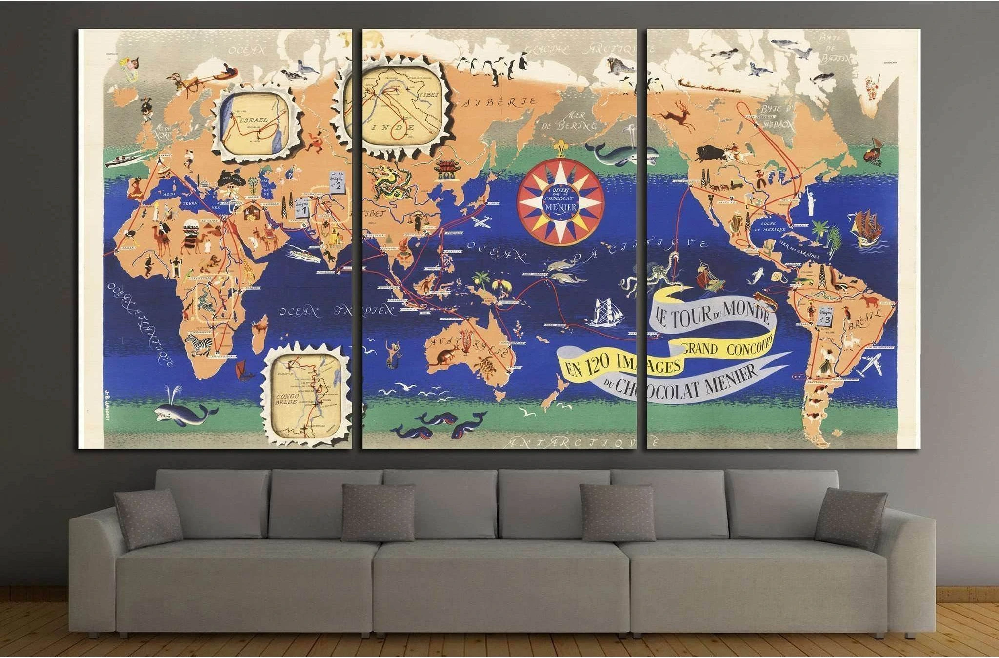 Vintage Map of the World Chocolat Menier №1495 Ready to Hang Canvas Print - Zellart Canvas Prints ALL_Products, s-1495