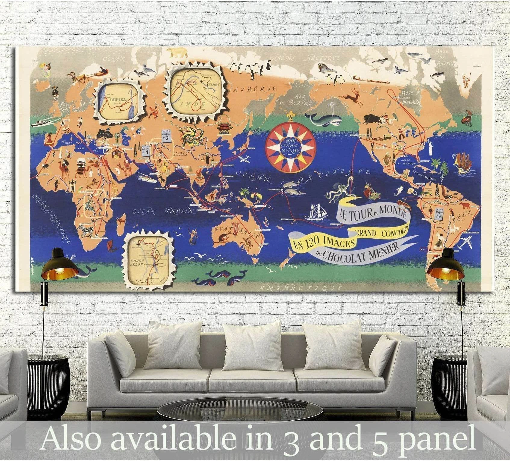 Vintage world map canvas print with French poster text displayed above a sofa in a modern living room