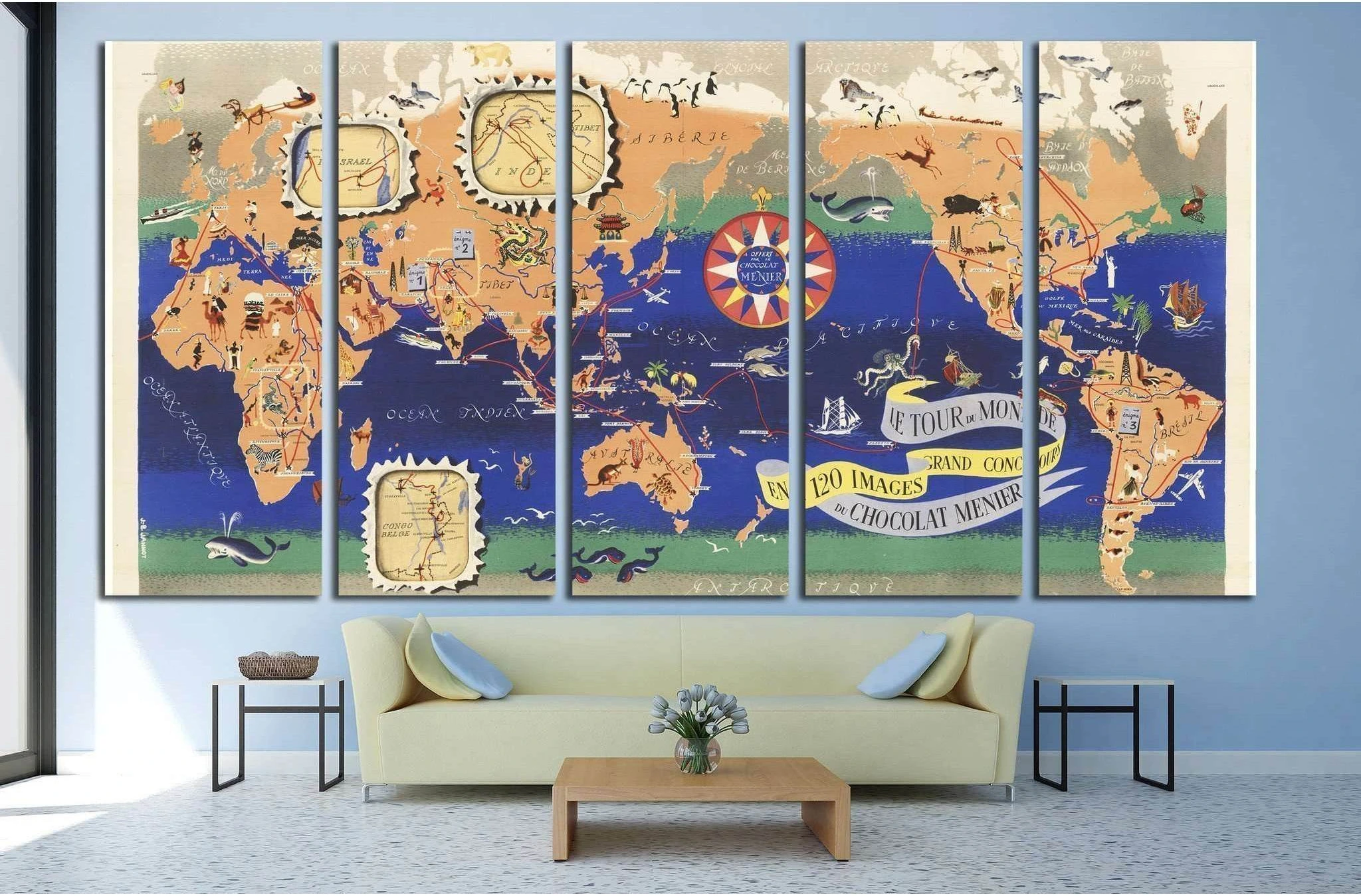 Vintage Map of the World Chocolat Menier №1495 Ready to Hang Canvas Print - Zellart Canvas Prints ALL_Products, s-1495