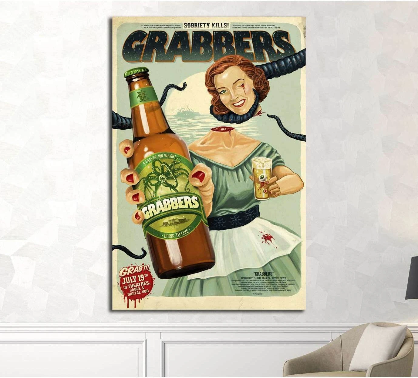 Grabbers vintage horror poster canvas print with woman holding beer bottle and tentacle comedy art