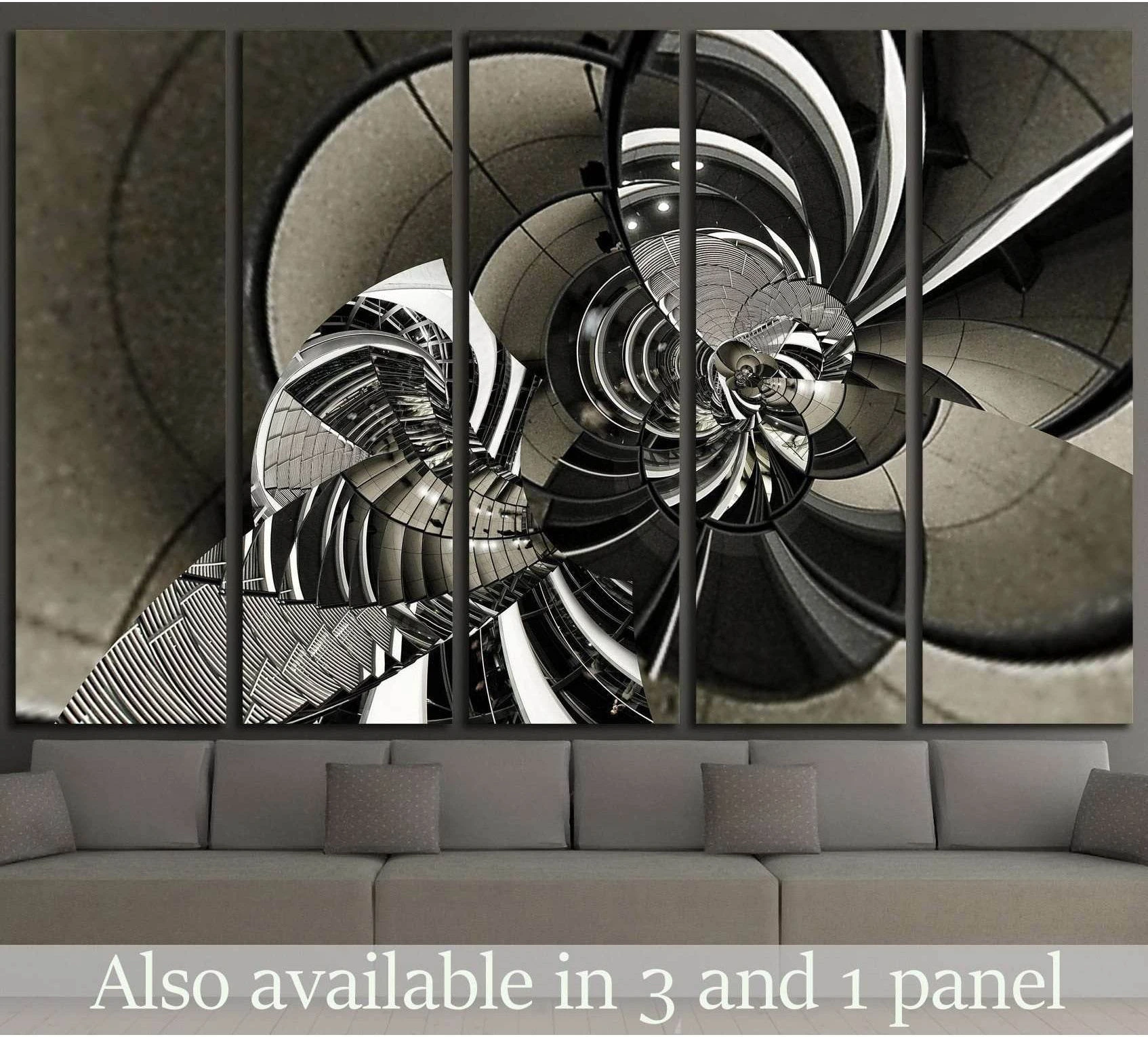 Sepia spiral staircase canvas print with vintage architectural detail, displayed above a sofa in a modern living room