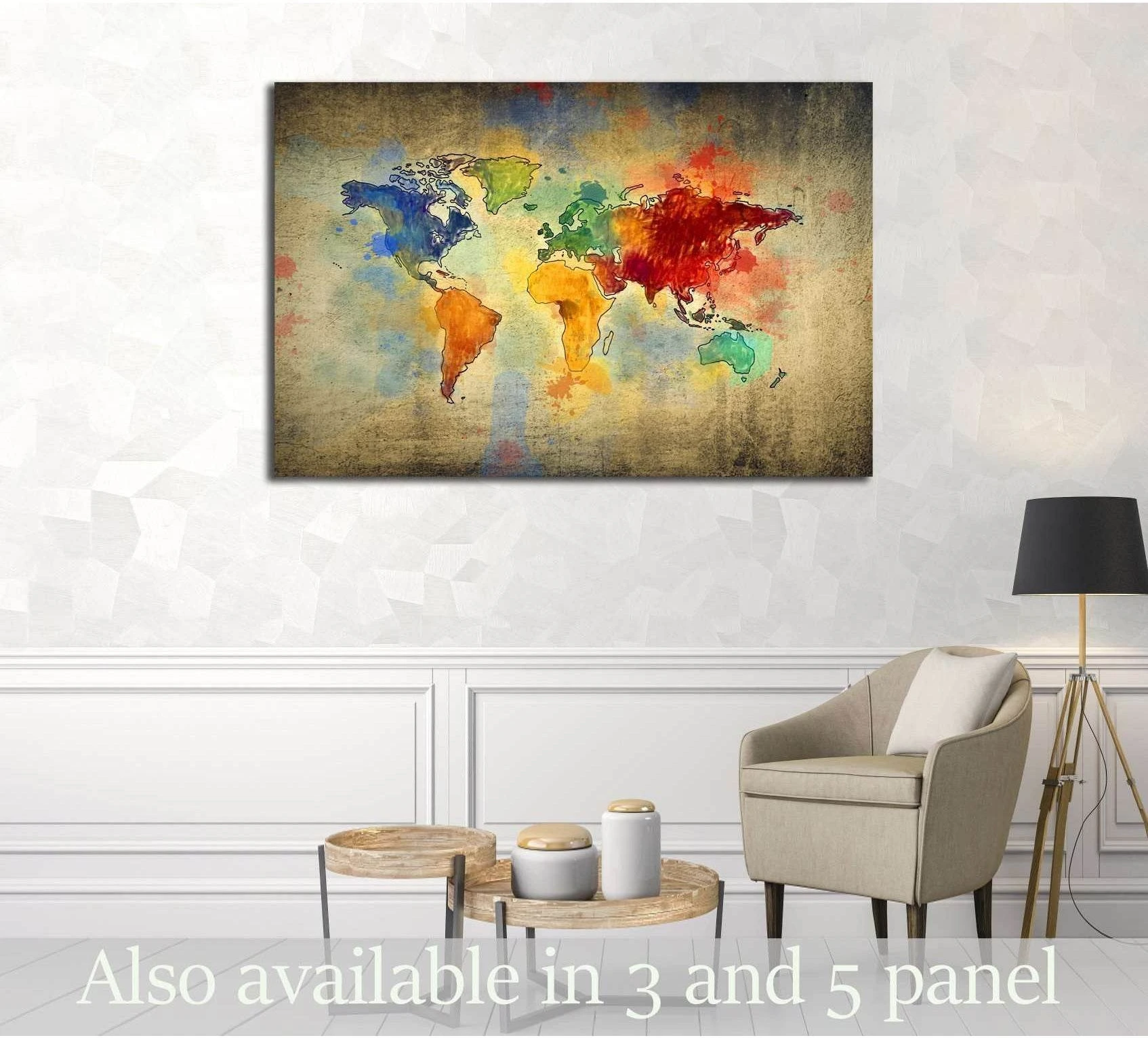 Colorful vintage world map canvas print on aged parchment background above chair in modern study