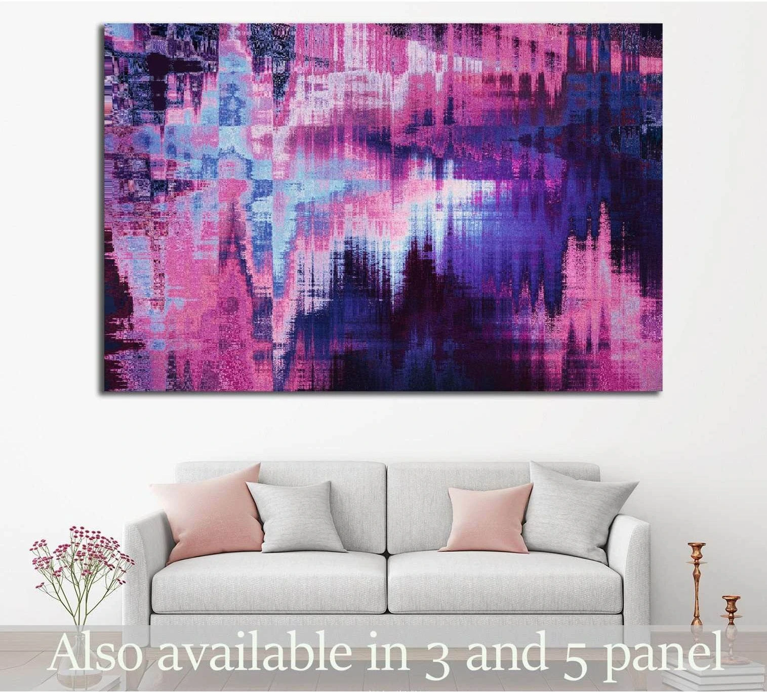 Purple abstract canvas print with blurred pink, violet, and blue textured forms above a sofa