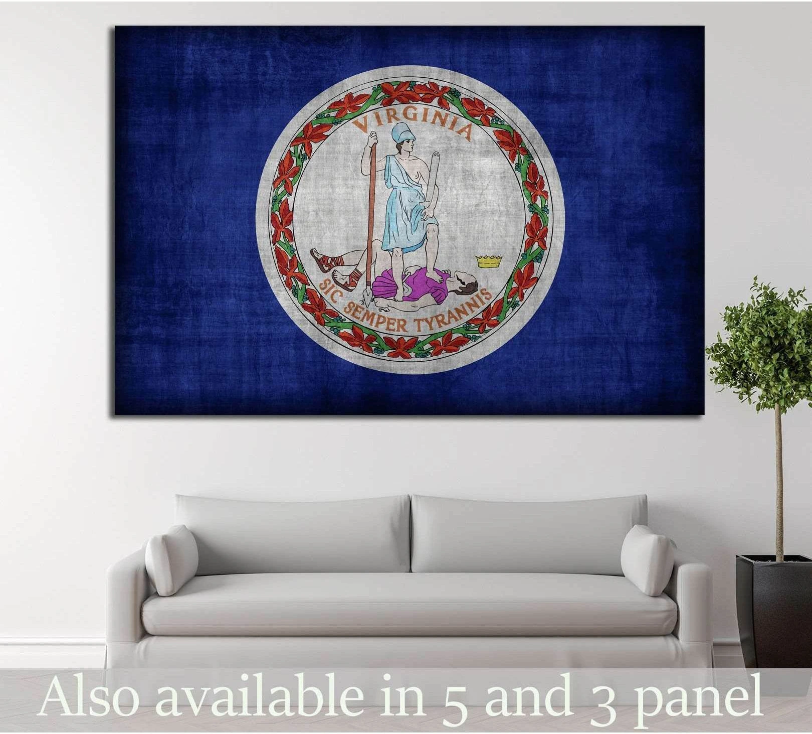 Virginia flag canvas print with state seal on deep navy background above a sofa