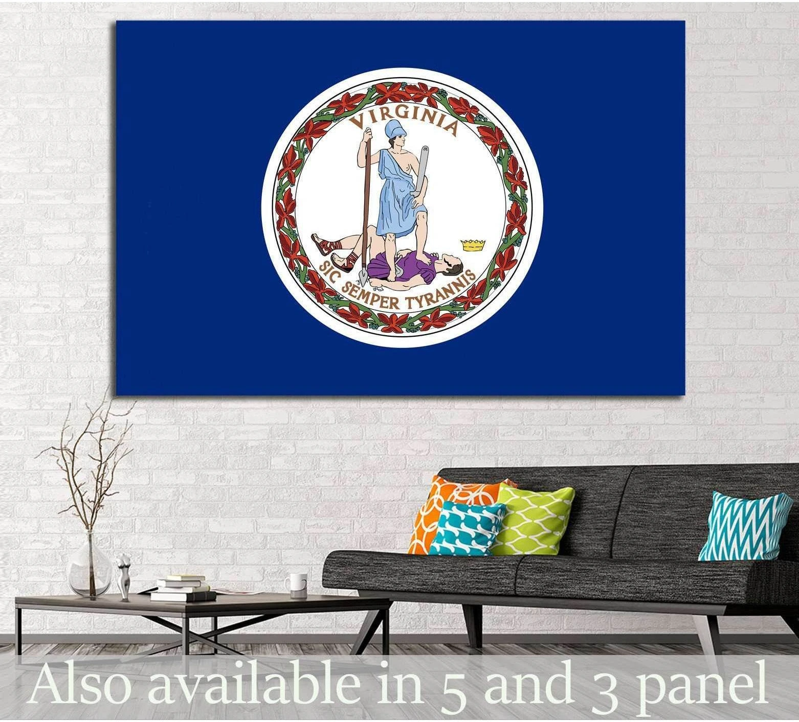 Virginia state flag canvas print with official seal on deep blue, displayed above a sofa in a modern living room