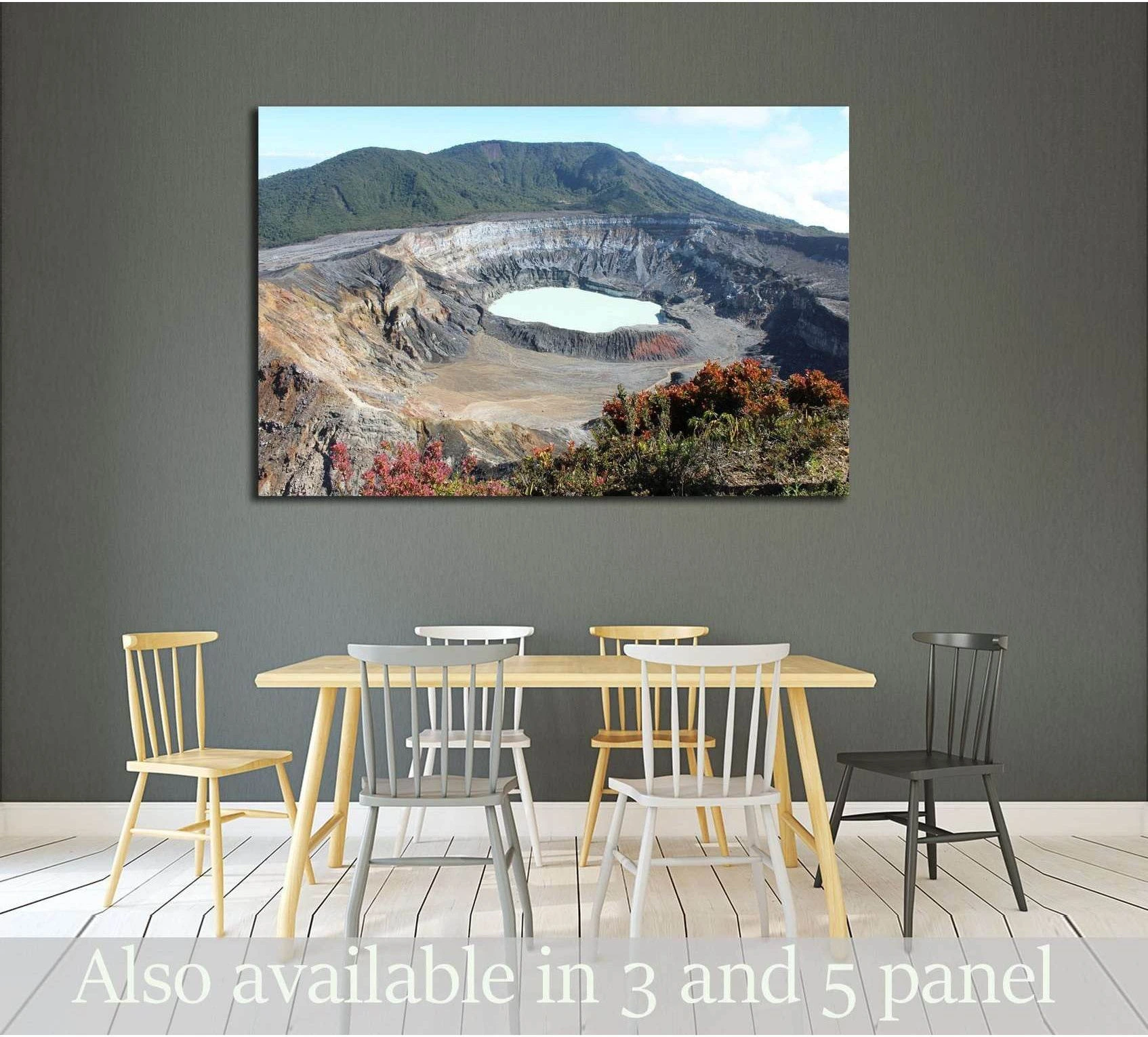 Volcano crater lake canvas print with wildflowers above a dining table in a modern room