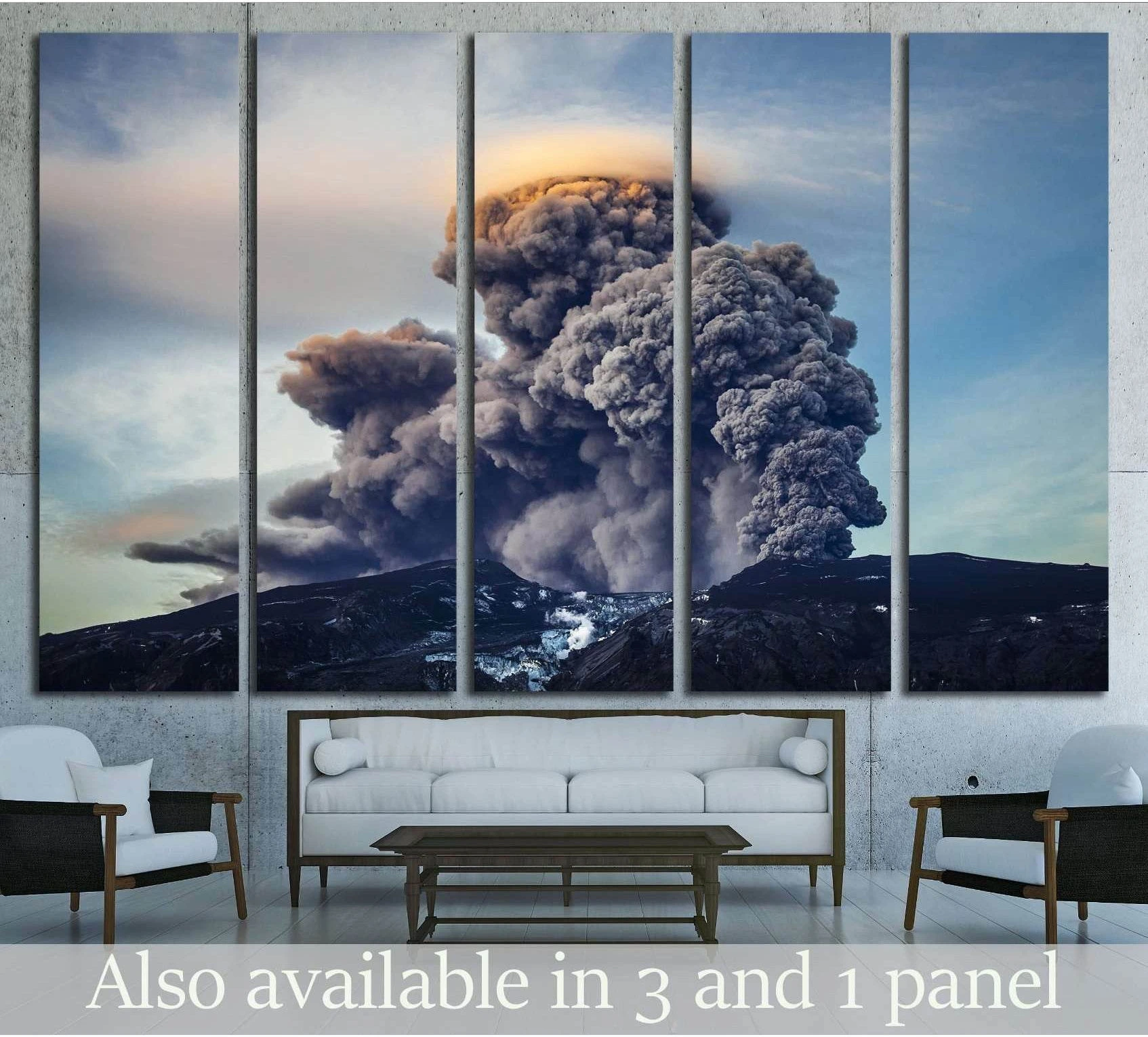Iceland volcano canvas print with towering ash plume above a dark ridge, displayed as five-panel wall art