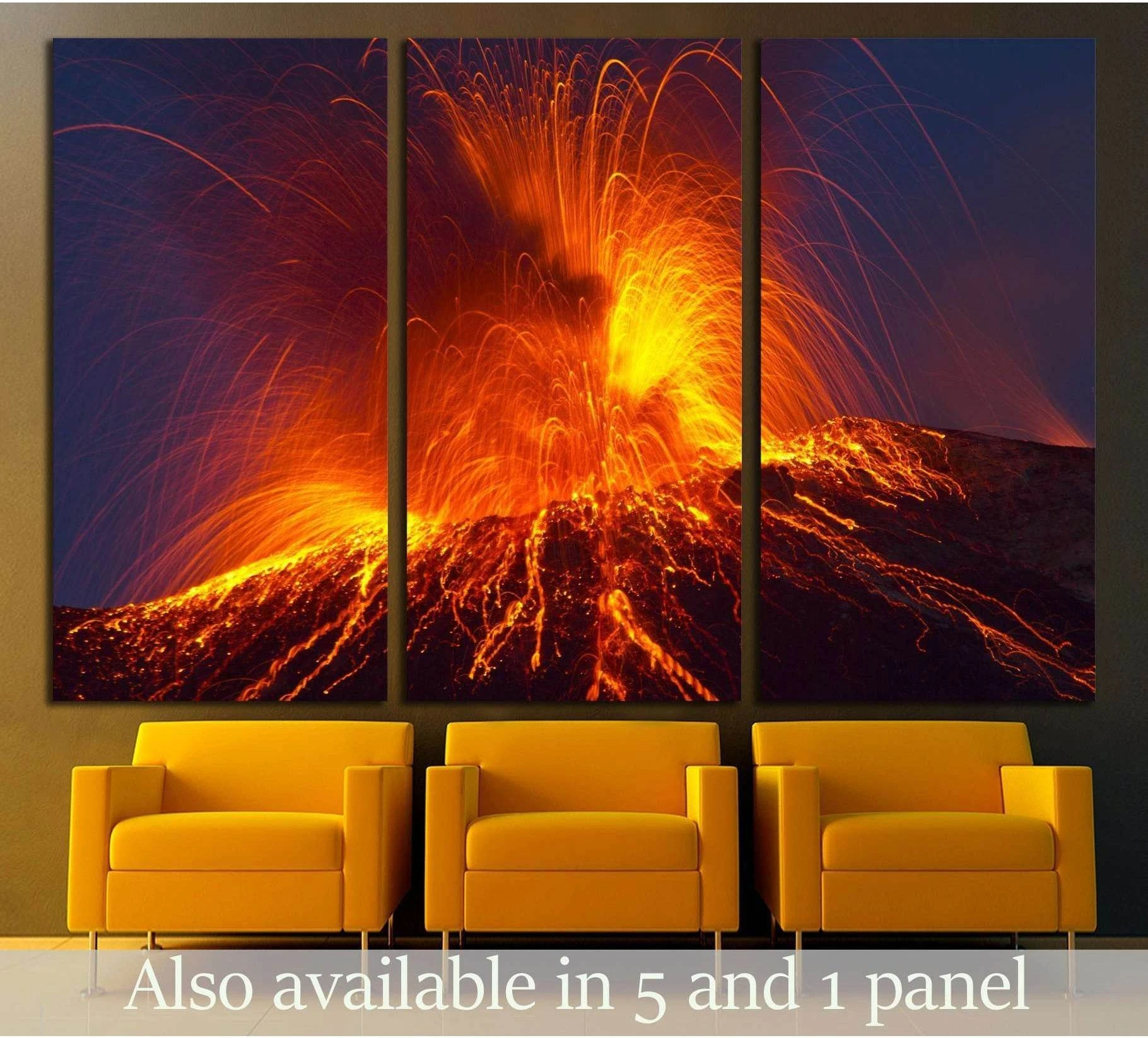 Triptych Stromboli volcano canvas print with glowing lava eruption above yellow chairs