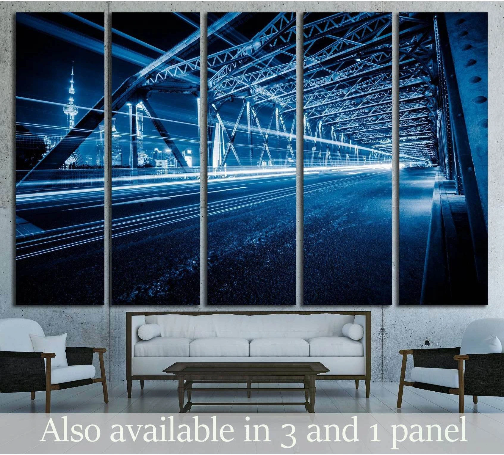 Waibaidu Bridge canvas print in Shanghai with blue night light trails and steel bridge structure above a sofa