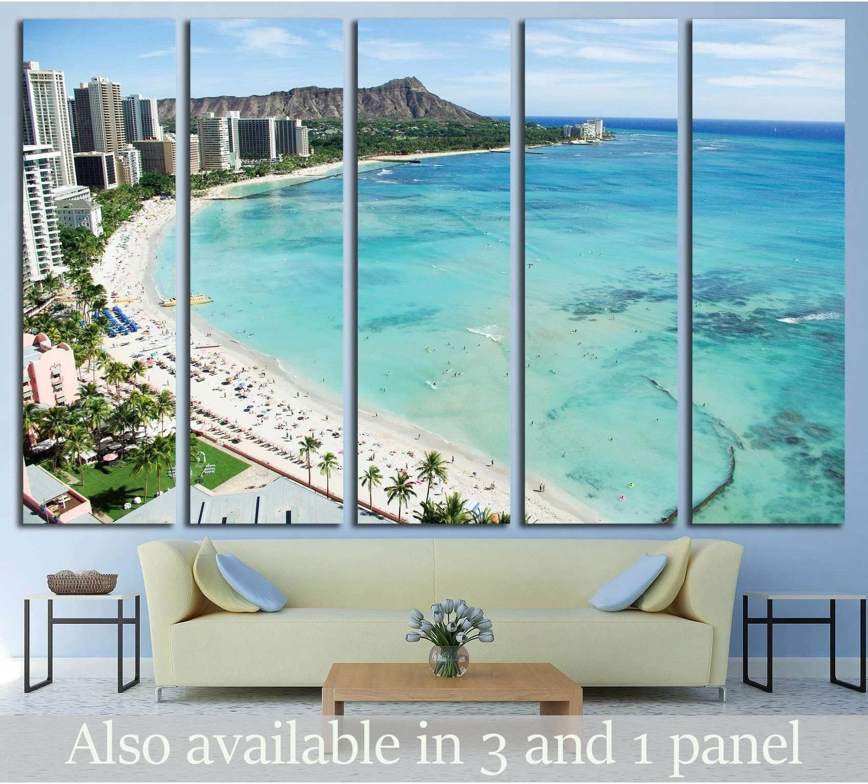 Waikiki Beach and Diamond Head, Honolulu, Oahu Island, Hawaii showing sea water, shoreline and horizon depth.