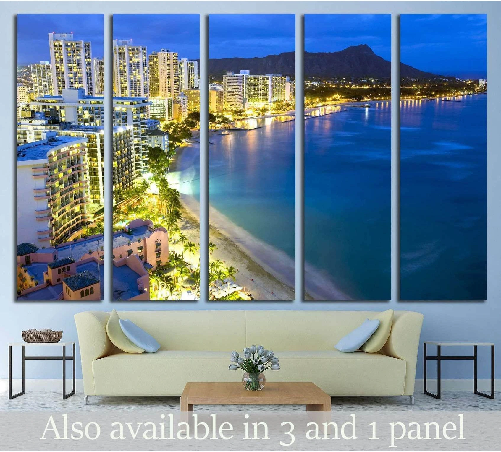 Waikiki Beach canvas print with Honolulu skyline and Diamond Head above a sofa