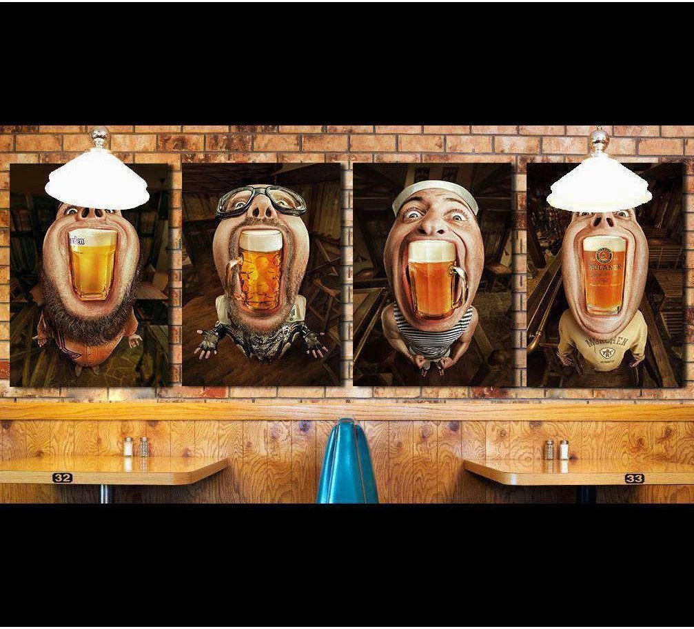 Four-panel funny beer pub canvas print with caricature drinkers hung on a brick bar wall