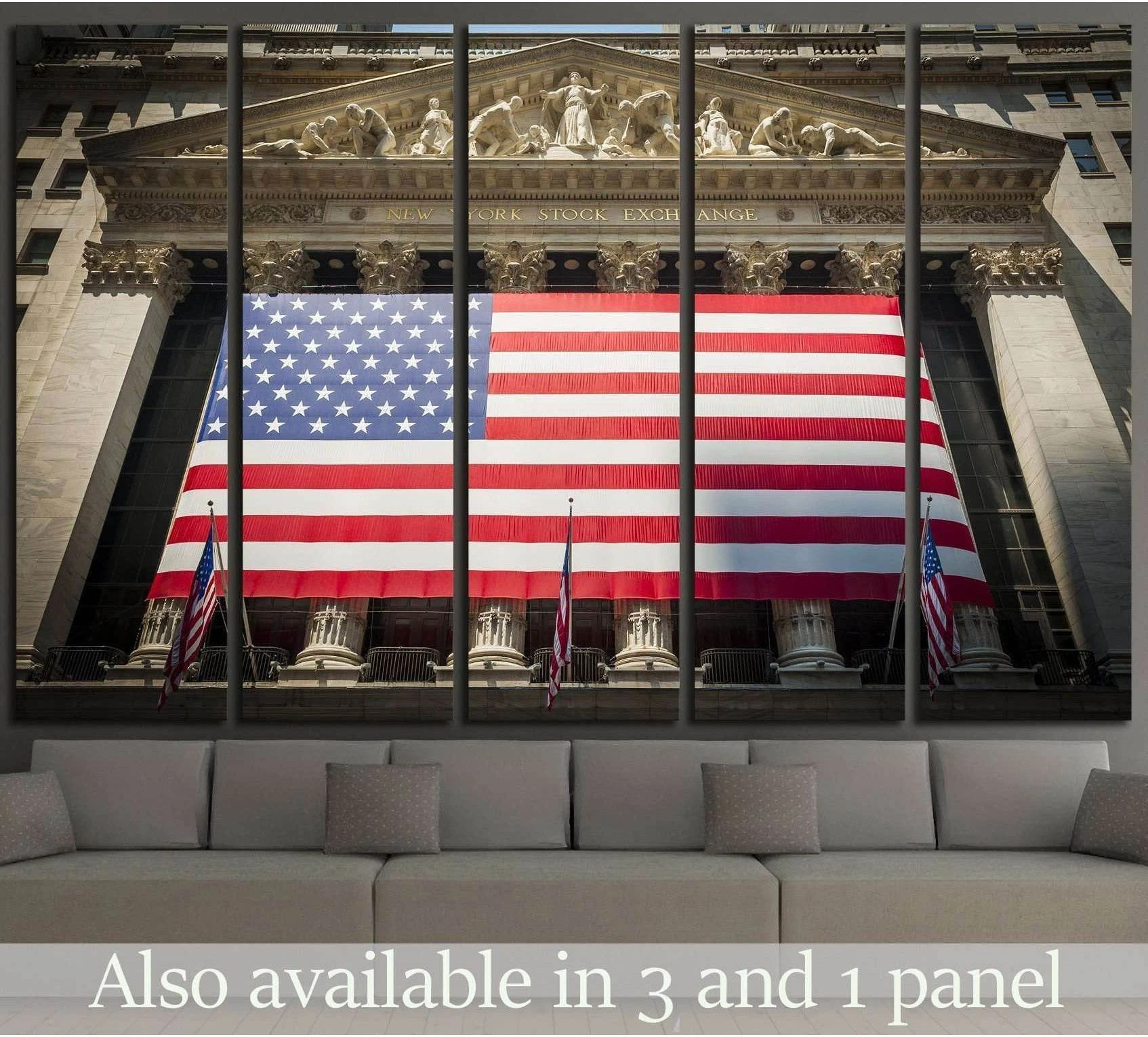 New York Stock Exchange entrance canvas print with large American flag above a sofa