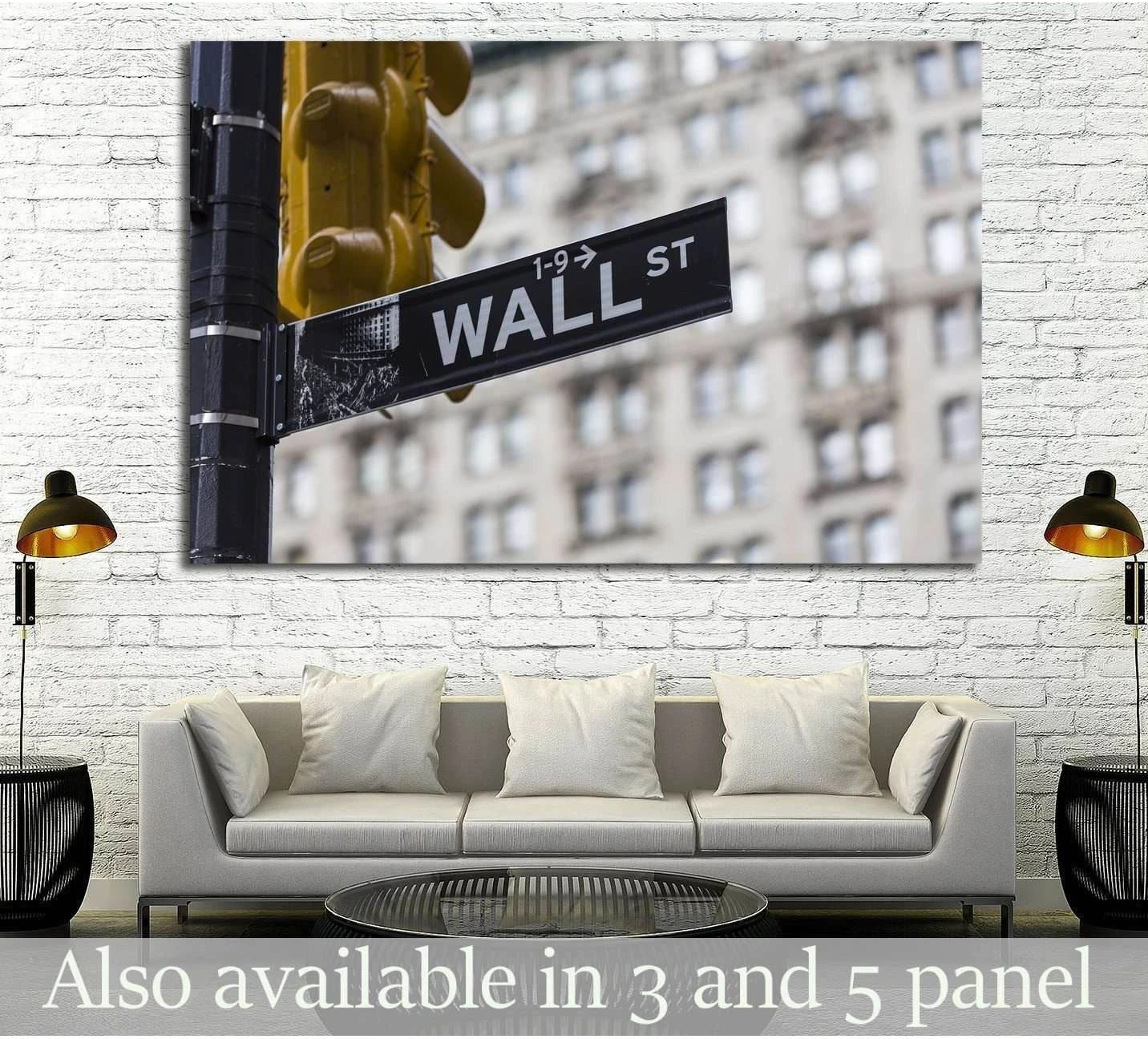 Wall Street sign canvas print with yellow NYC traffic light above sofa in a modern office lounge
