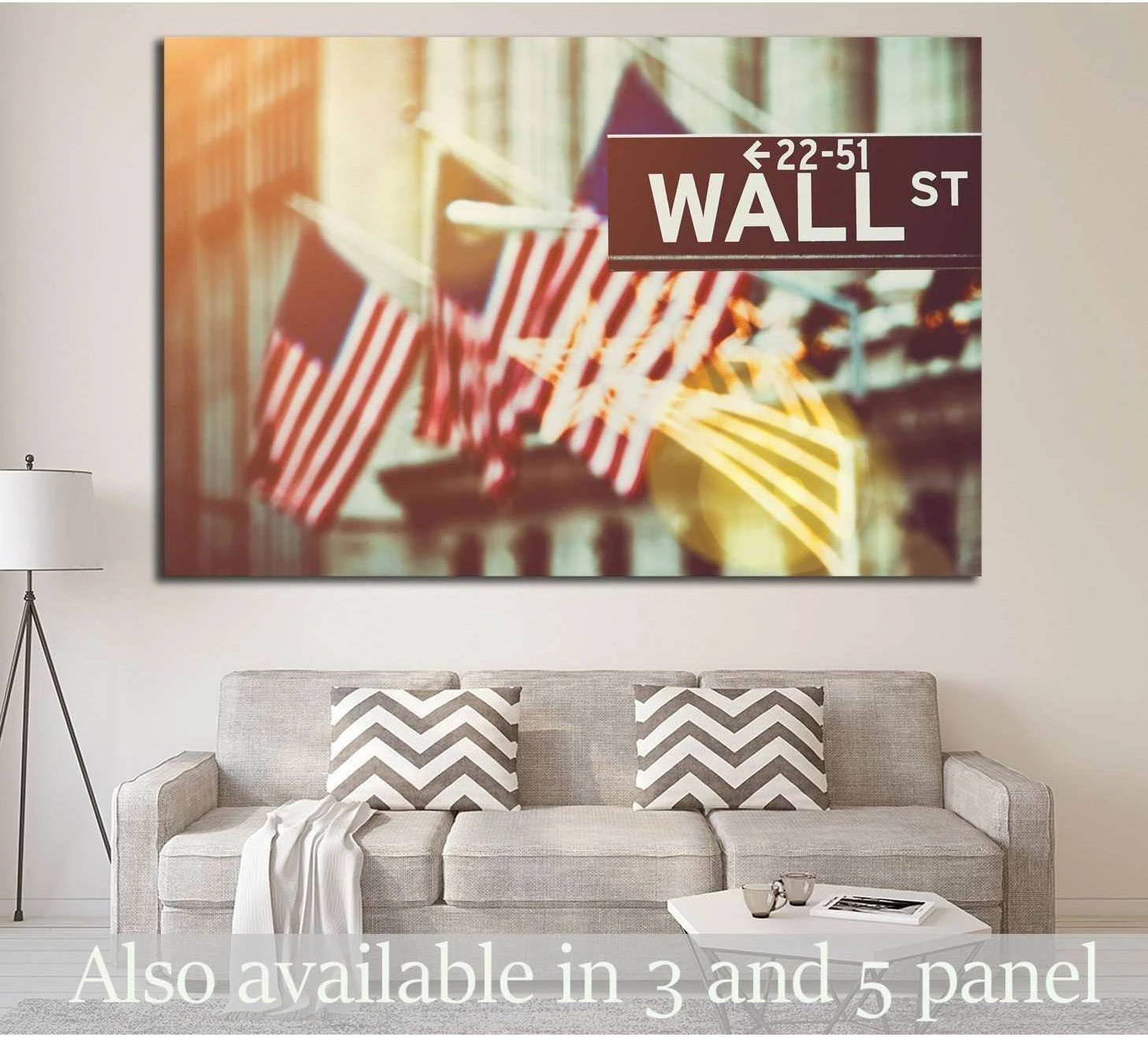 Wall Street sign canvas print with American flags hung above sofa in a modern office-style living room