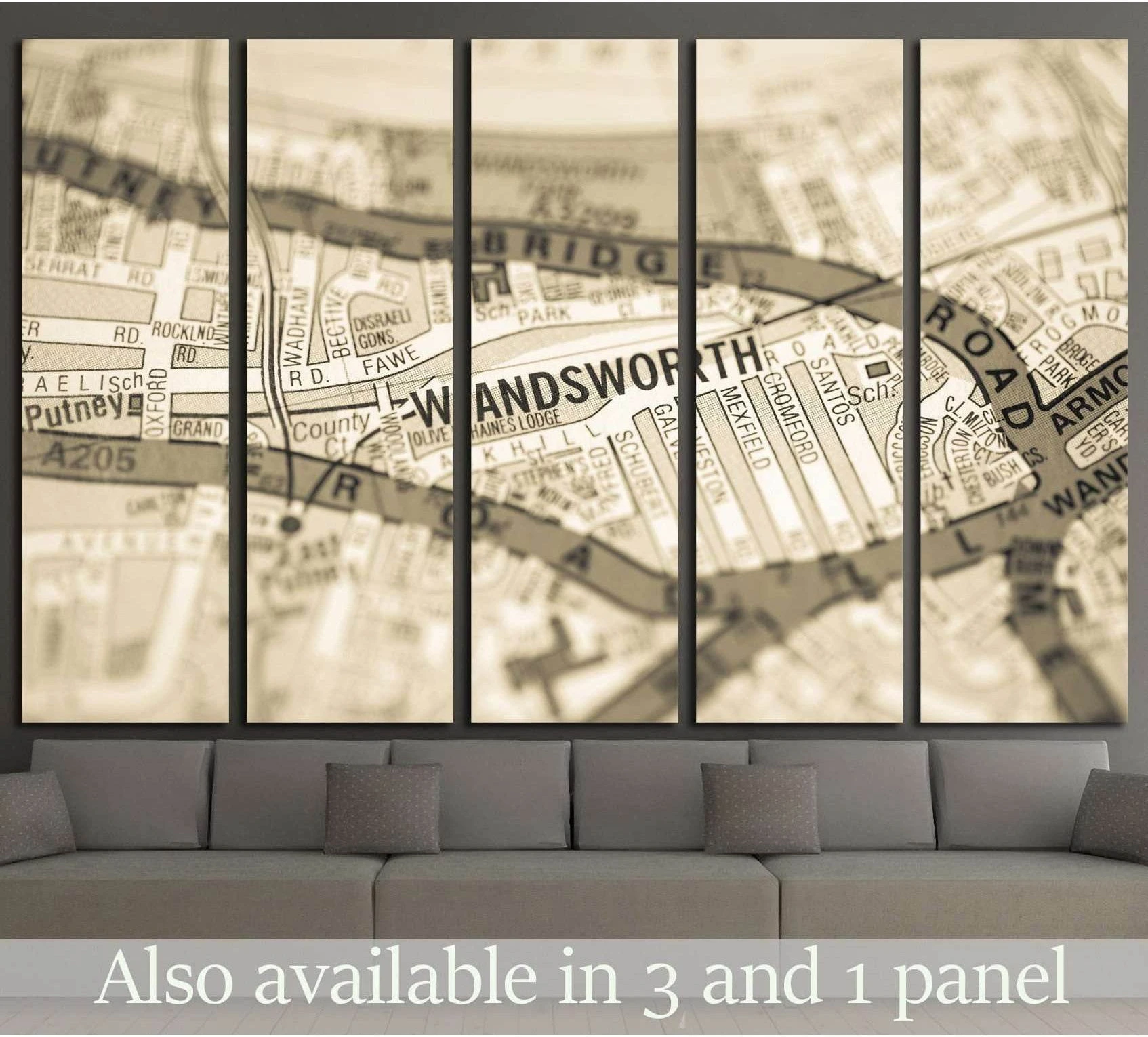 Wandsworth London map canvas print in sepia tones displayed as five-panel wall art above a sofa