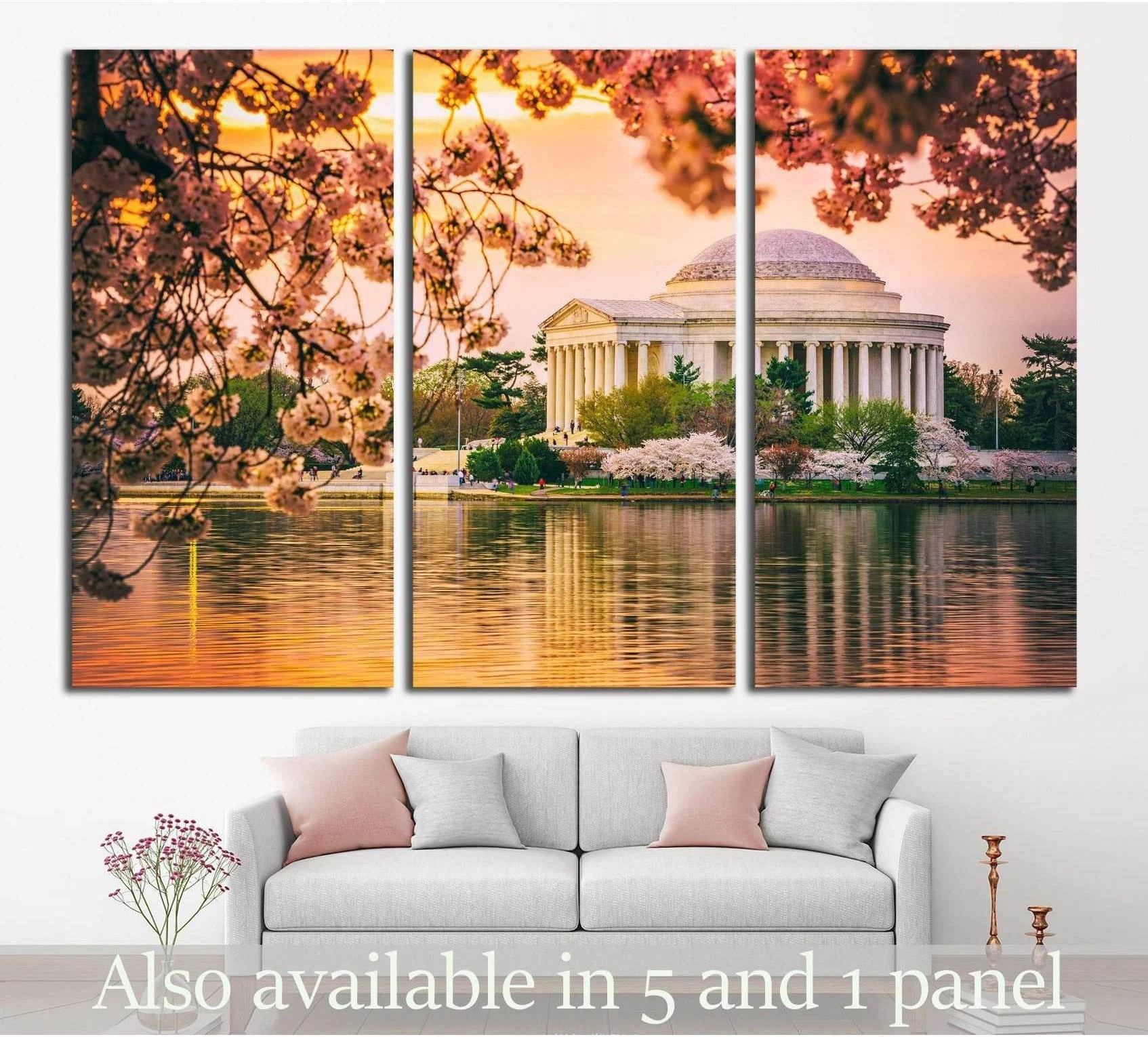 Jefferson Memorial cherry blossom canvas print above sofa in a modern living room