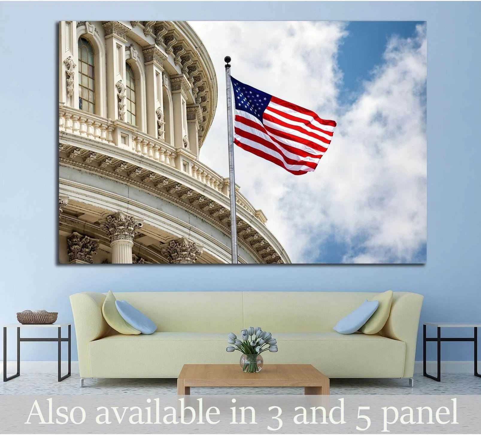 US Capitol dome canvas print with waving American flag against blue sky above sofa