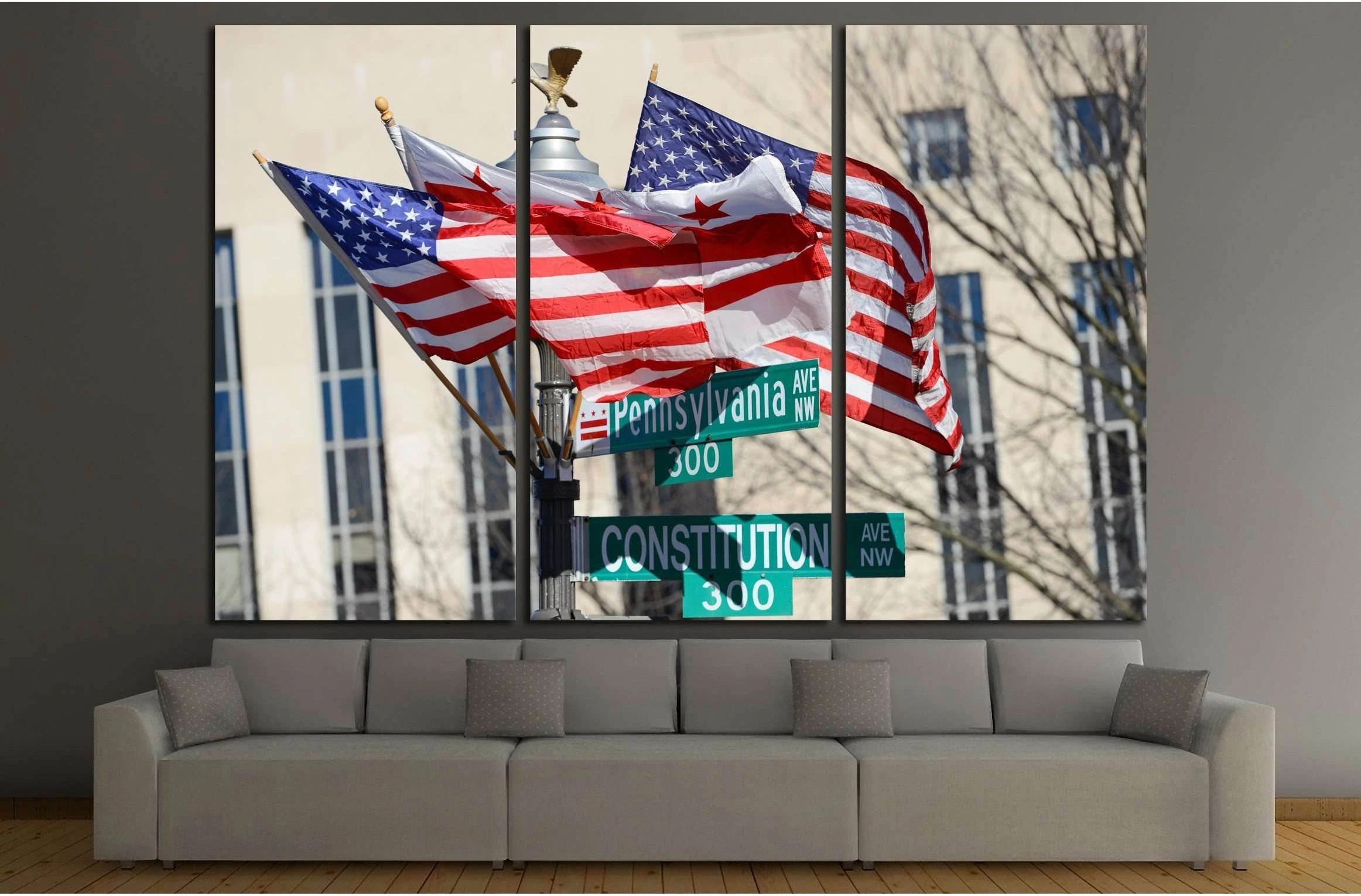 Washington DC, Pennsylvania Avenue and Constitution Avenue junction street signs with DC and United States of America flags on the same post №2271 Ready to Hang Canvas Print - Zellart Canvas Prints ALL_Products, s-2271