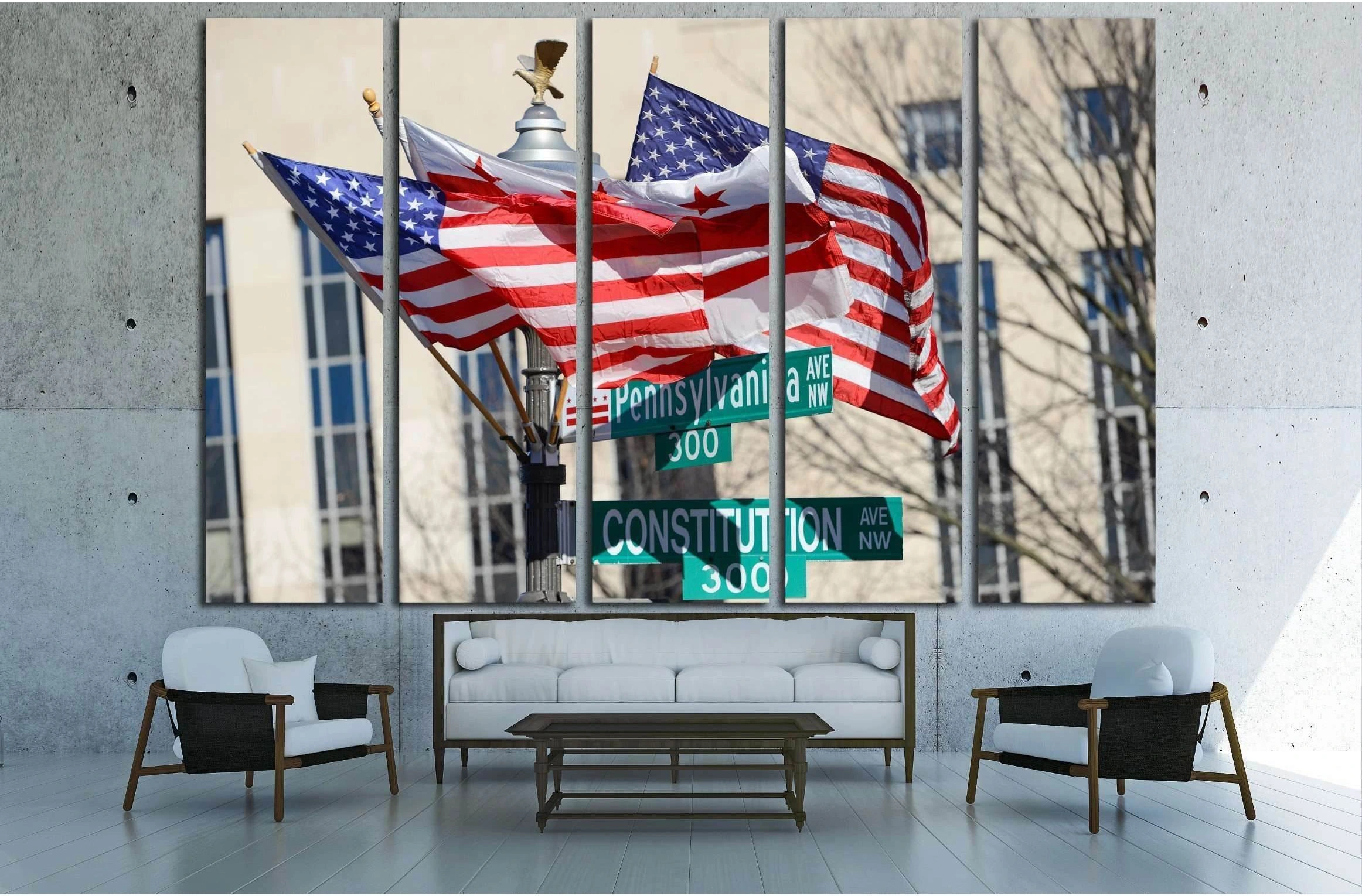 Washington DC, Pennsylvania Avenue and Constitution Avenue junction street signs with DC and United States of America flags on the same post №2271 Ready to Hang Canvas Print - Zellart Canvas Prints ALL_Products, s-2271