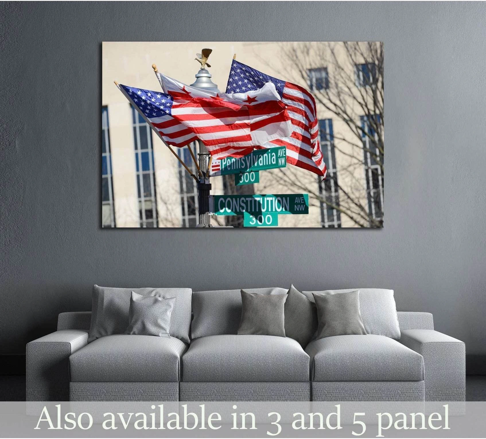 Washington DC flags and Pennsylvania Avenue street signs canvas print hung above a gray sofa