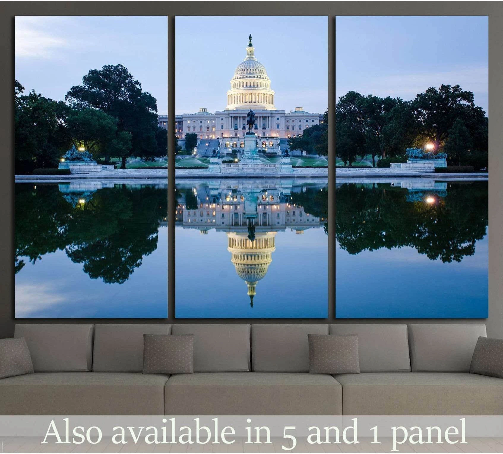 US Capitol triptych canvas print with blue dusk reflection above a sofa in a modern living room