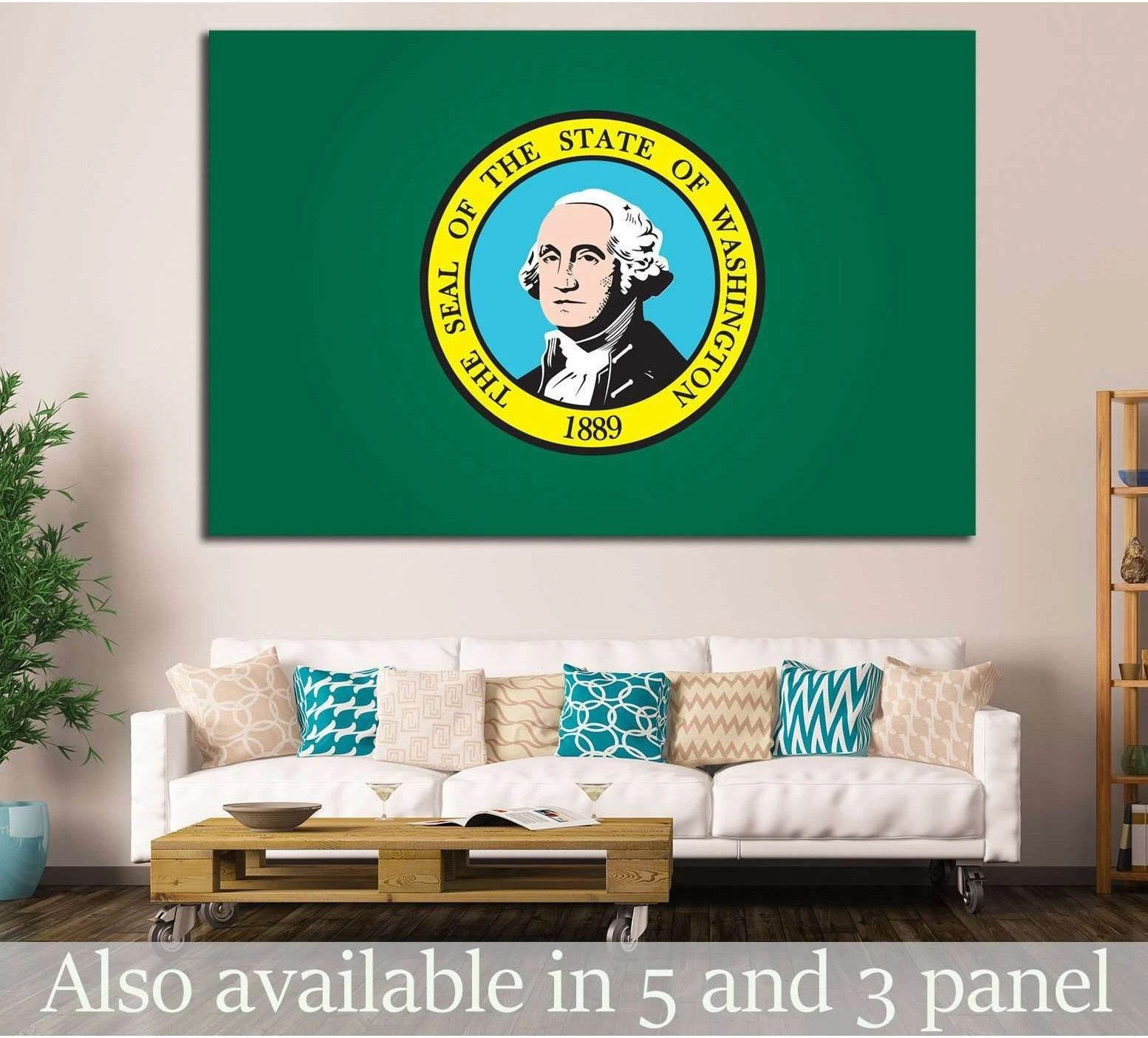 Washington State flag canvas print with state seal on green field above sofa in modern living room