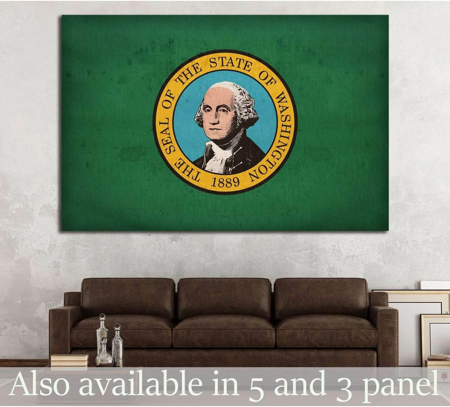 Washington flag canvas print with state seal on vintage green background above a brown sofa